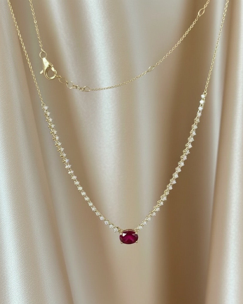 Oval Ruby & Diamond Station Necklace in 14K Yellow Gold — 1.15 CT Natural Ruby
