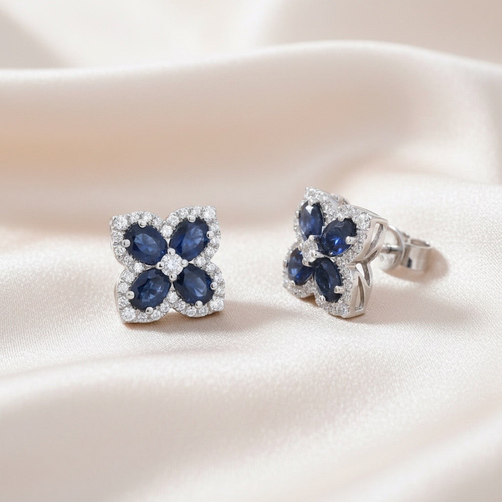 Diamond & Blue Sapphire Floral Stud Earrings in 14K White Gold – 1.76 CT Sapphires & 0.30 CTW Diamonds