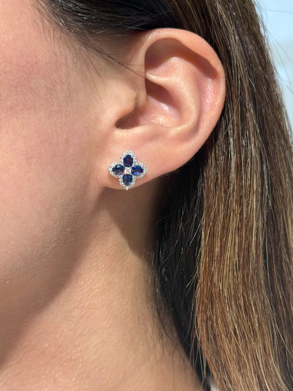 Diamond & Blue Sapphire Floral Stud Earrings in 14K White Gold – 1.76 CT Sapphires & 0.30 CTW Diamonds