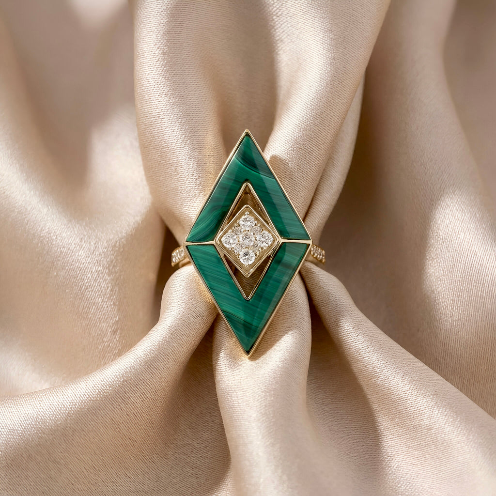Malachite Diamond Ring in 14K Yellow Gold