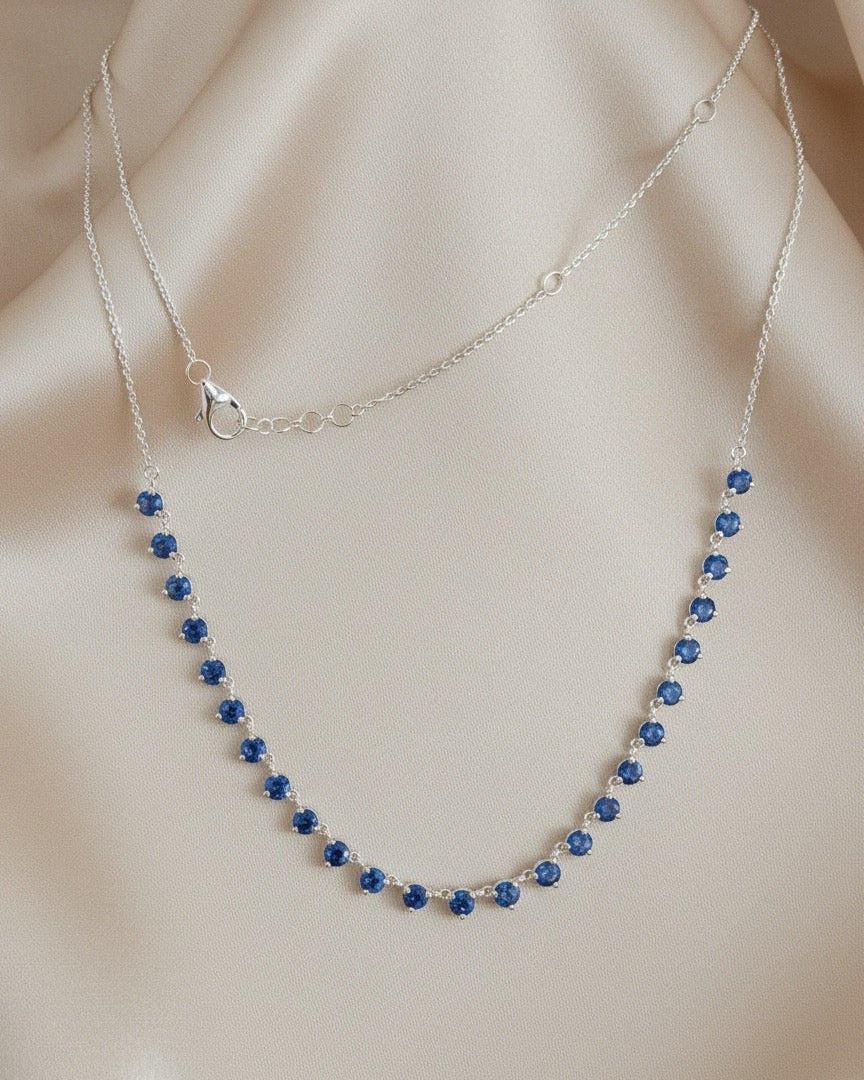 Blue Sapphire Station Necklace in 14K White Gold — 2.49 CTW Natural Blue Sapphires