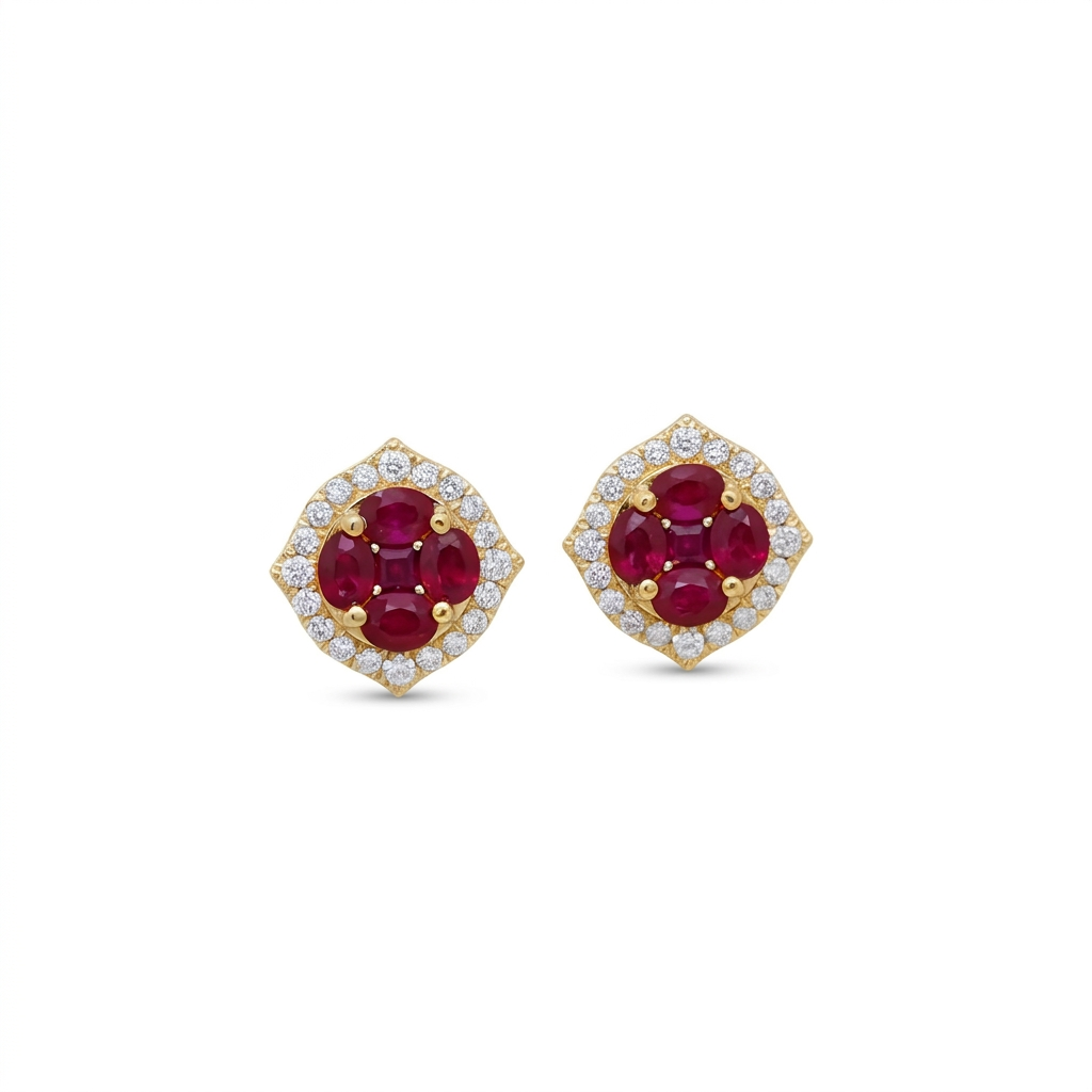 Ruby & Diamond Floral Stud Earrings in 14K Yellow Gold – 2.01 CT Ruby
