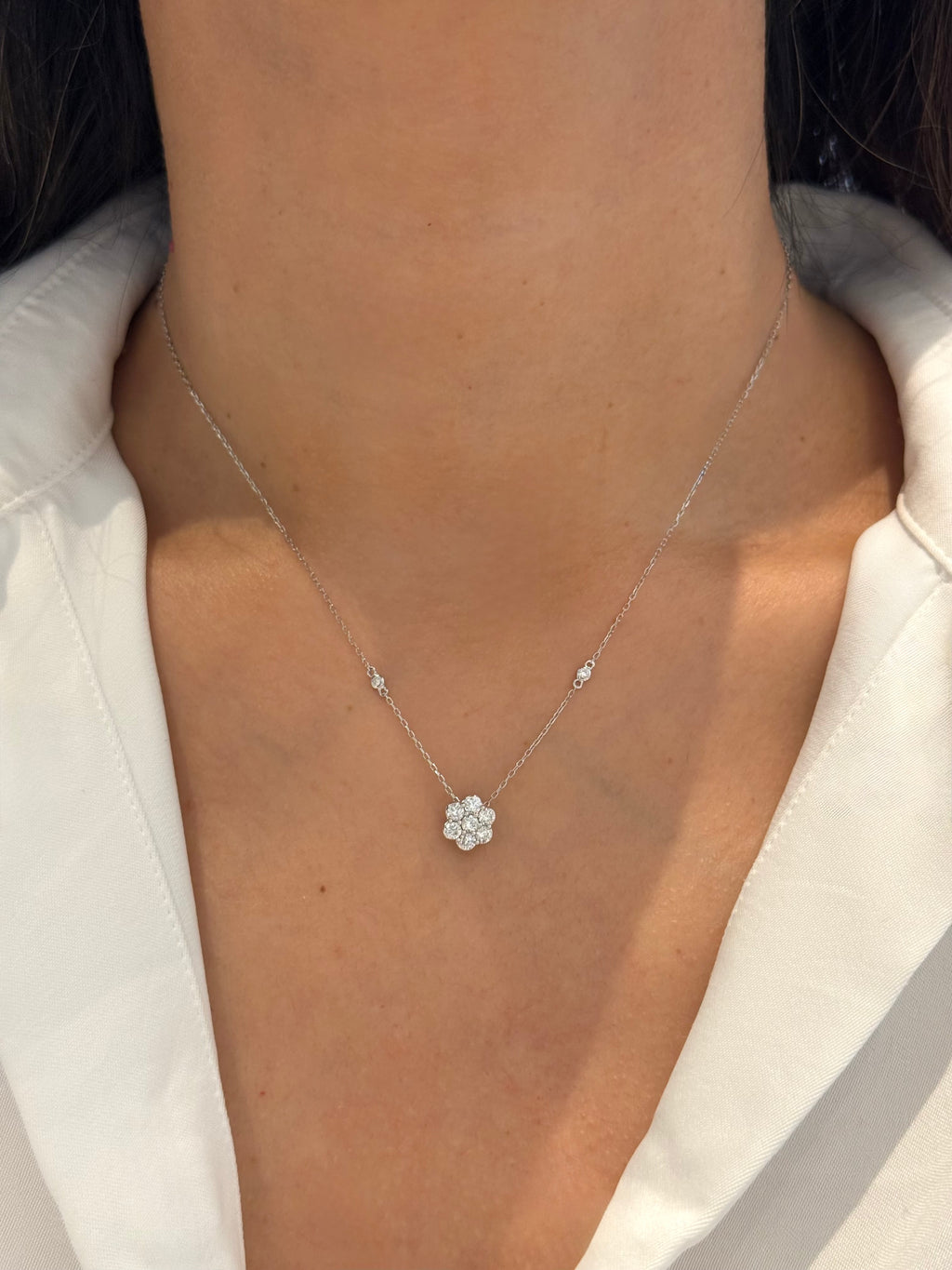 Floral Diamond Roseta Necklace in 14K White Gold