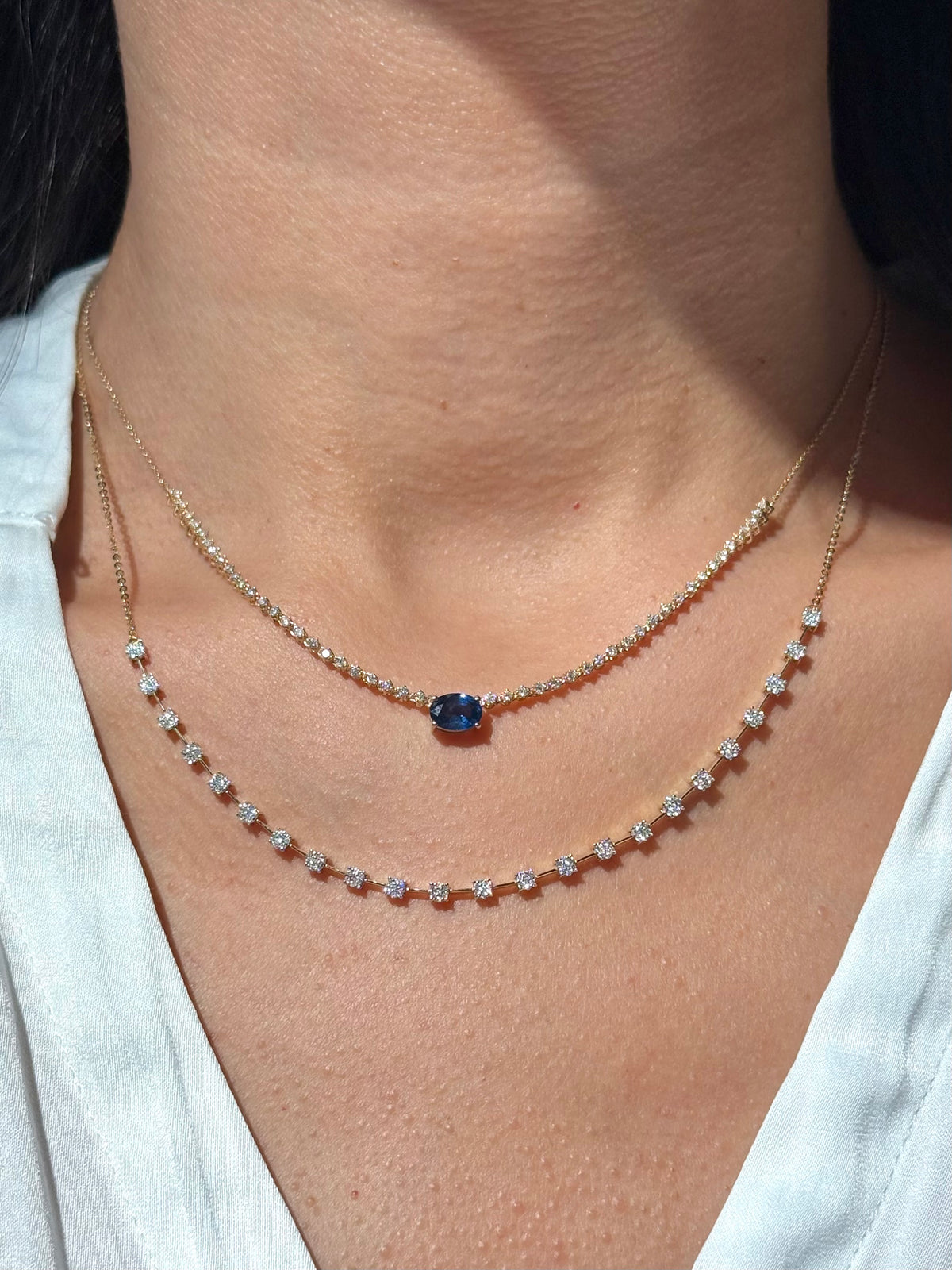Oval Sapphire & Diamond Station Necklace in 14K Yellow Gold – 1.15 CT Natural Sapphire