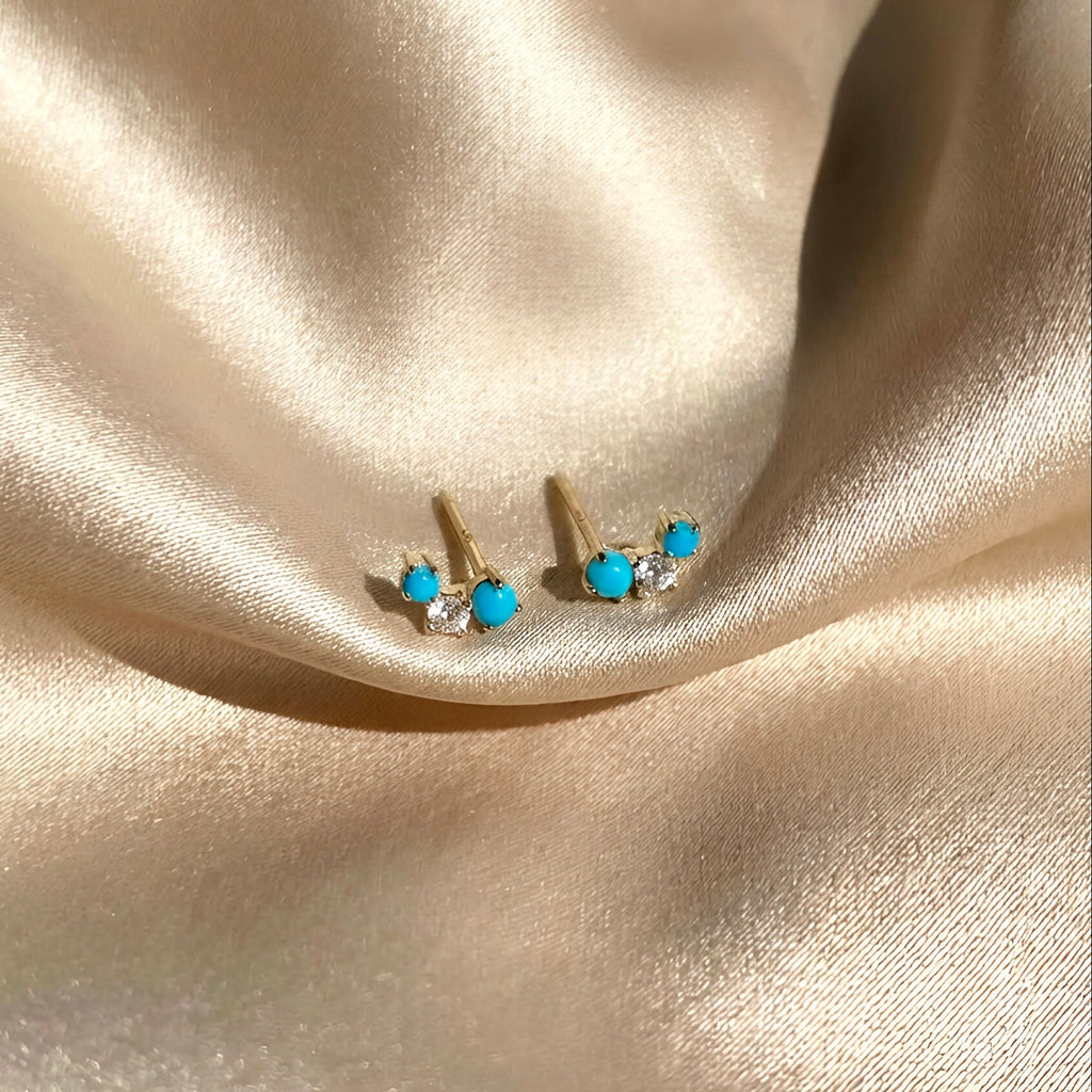 Turquoise Diamond Stud Crawler Earrings in 18k Yellow Gold