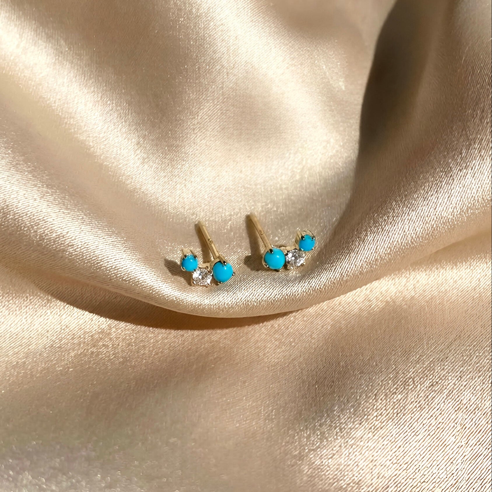 Turquoise Diamond Stud Crawler Earrings in 18k Yellow Gold