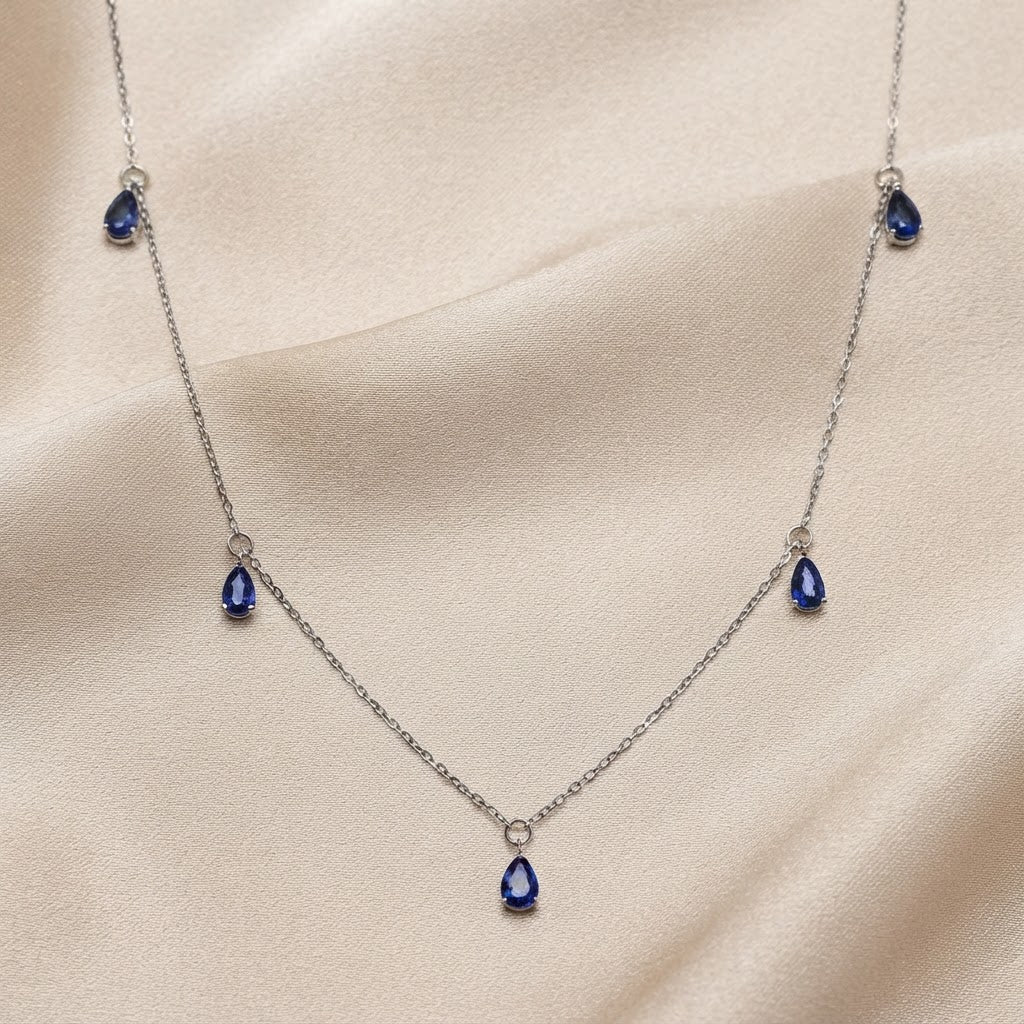 Pear Shape Sapphire Necklace in 14k White Gold