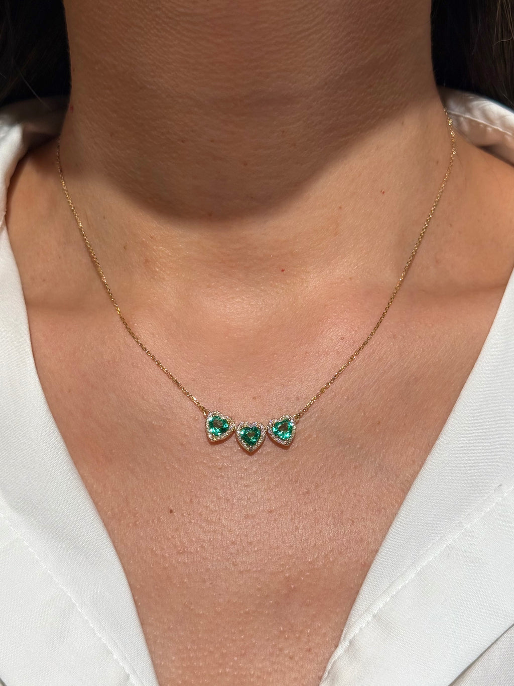 Heart Shape Emeralds Diamond Necklace in 18K Yellow Gold