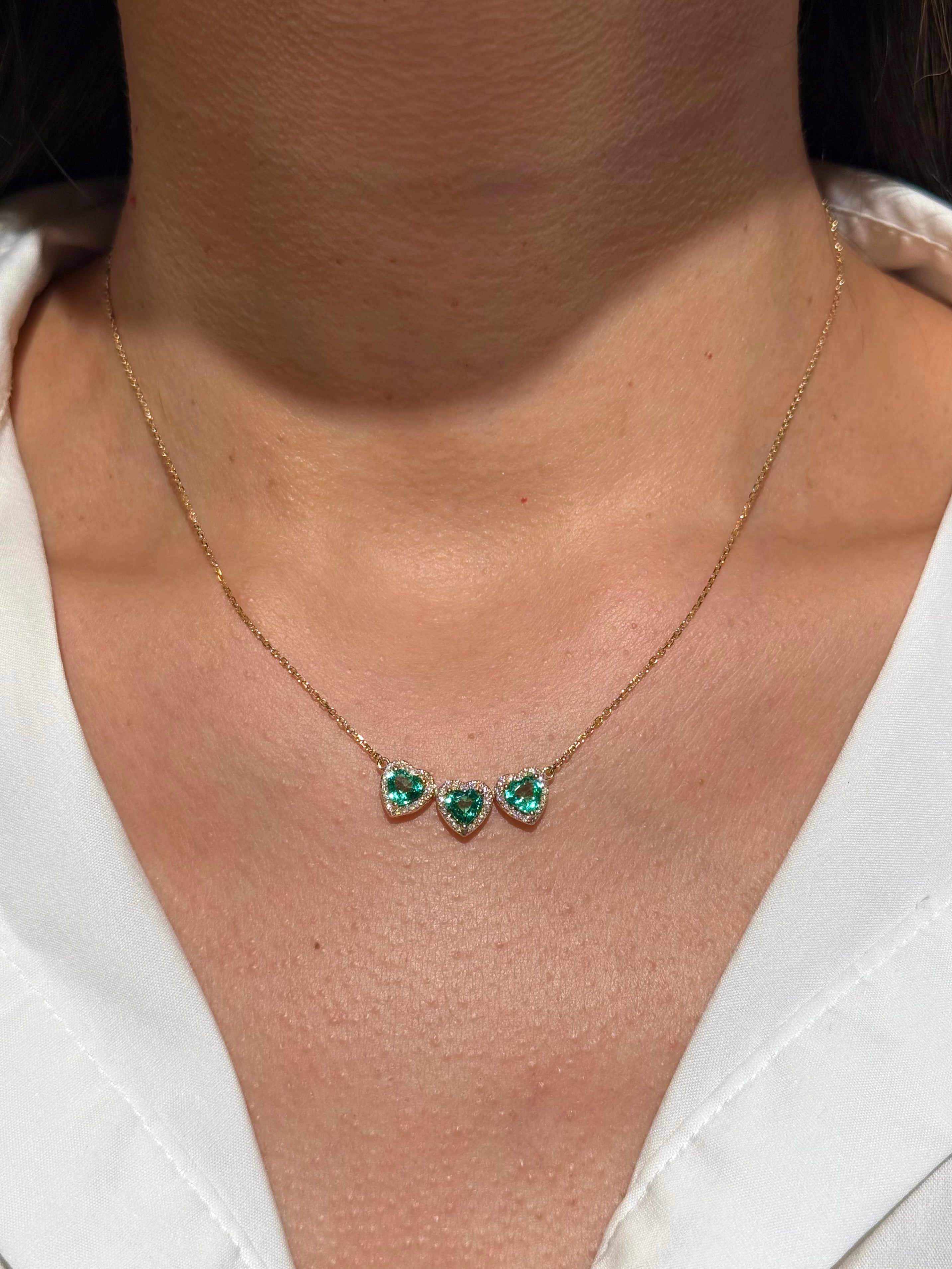 Heart Shape Emeralds Diamond Necklace in 18K Yellow Gold