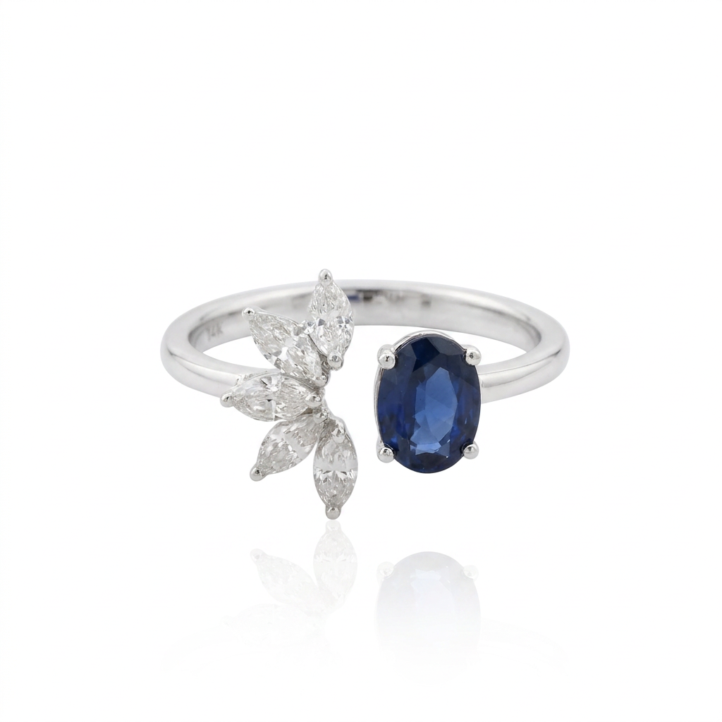 Sapphire & Diamond Open Ring in 18K White Gold – 0.90 CT Sapphire & 0.44 CTW Diamonds