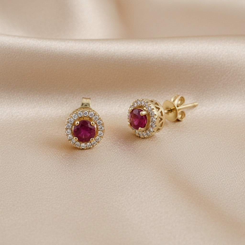 Diamond & Ruby Halo Stud Earrings in 14K Yellow Gold – 0.71 CT Rubies & 0.12 CTW Diamonds