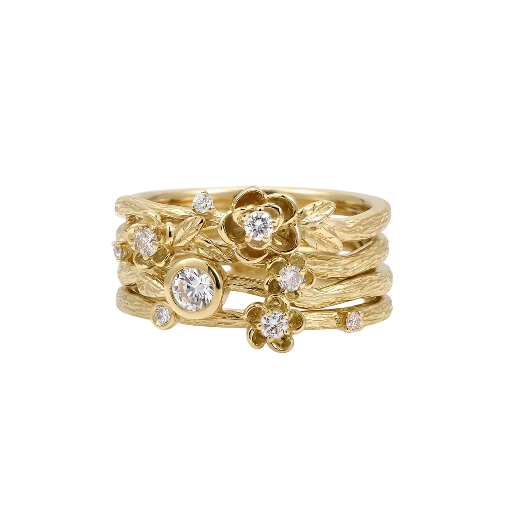 Floral Diamond Multi-Band Ring Set in 14K Yellow Gold – 4 Stackable Rings, 0.35 CTW