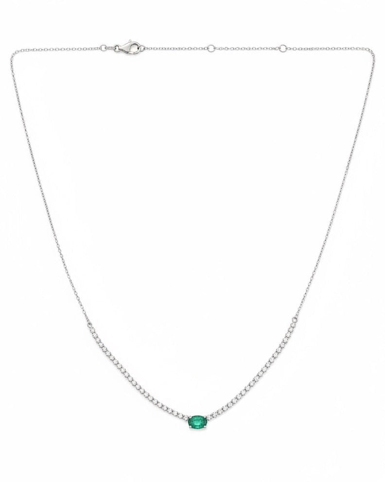 Oval Emerald & Diamond Station Necklace in 14K White Gold — 1.15 CT Natural Emerald