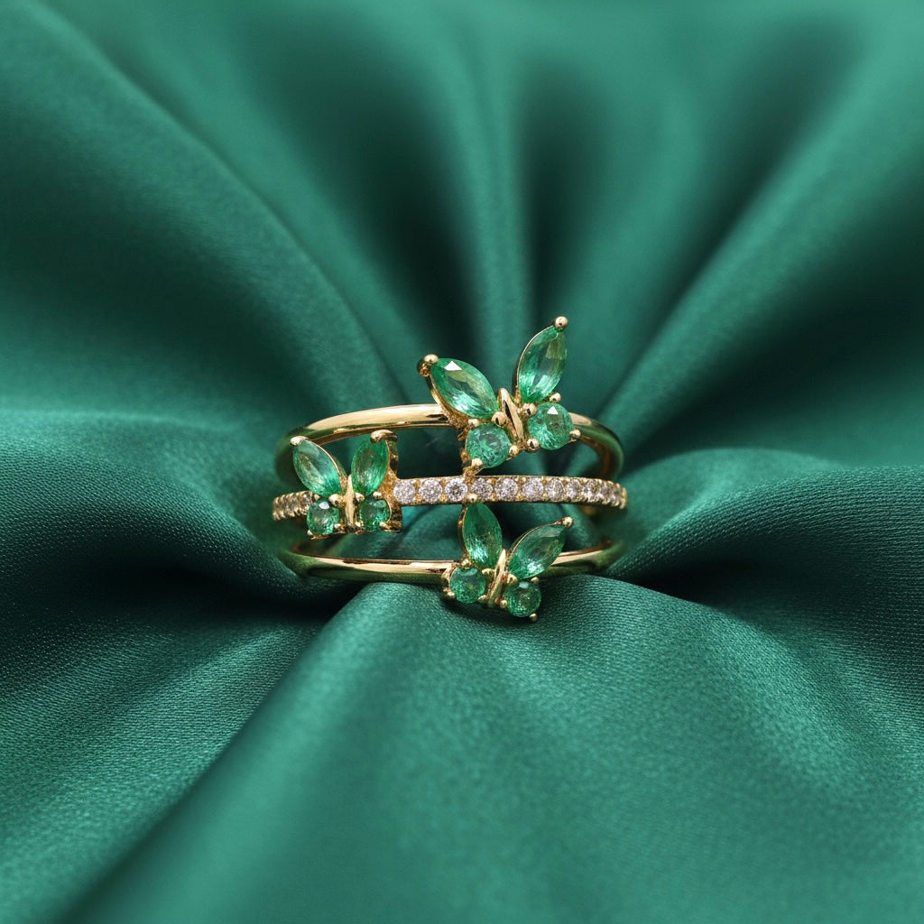 Floral Emerlad Diamond Ring in 14k Yellow Gold