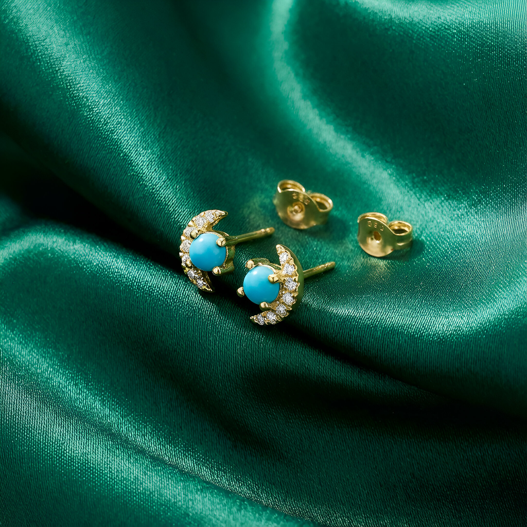Moon Diamond Turquoise Stud Earrings in 18k Yellow Gold