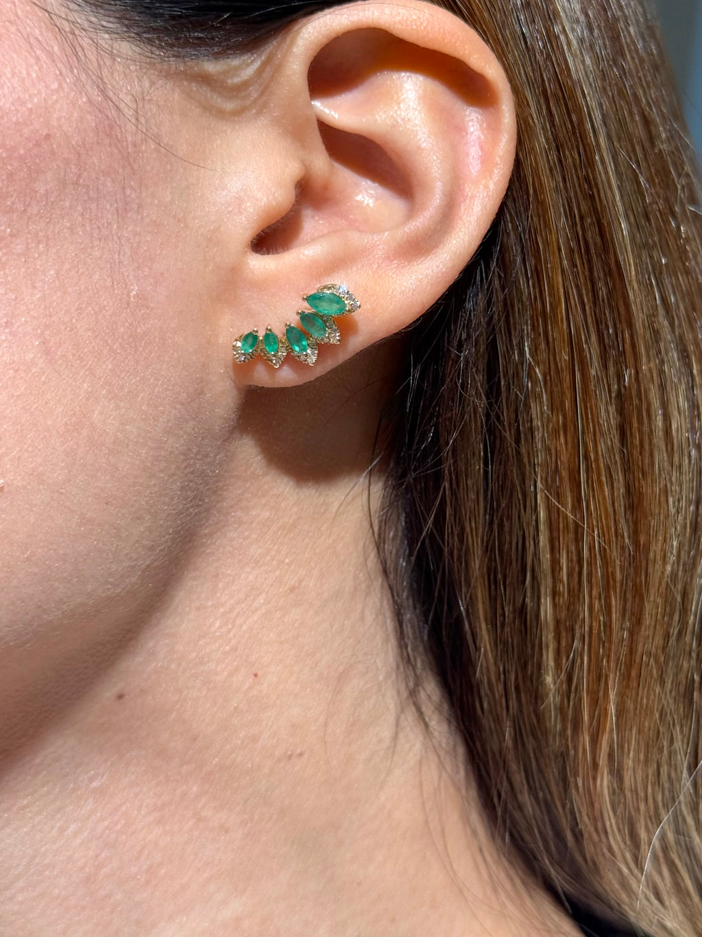 Diamond Emerald Crawler Earrings in 18k Yellow Gold