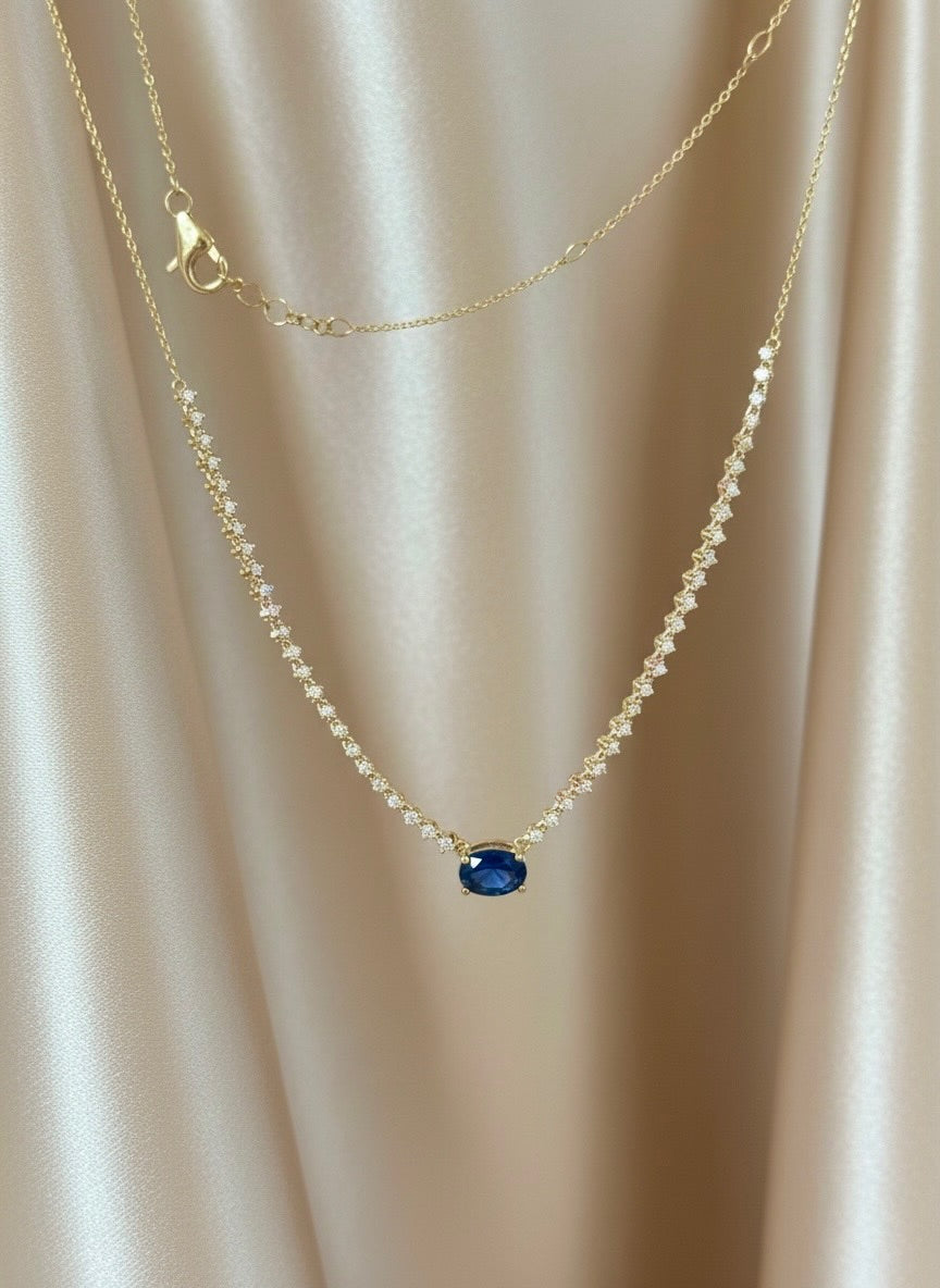 Oval Sapphire & Diamond Station Necklace in 14K Yellow Gold – 1.15 CT Natural Sapphire