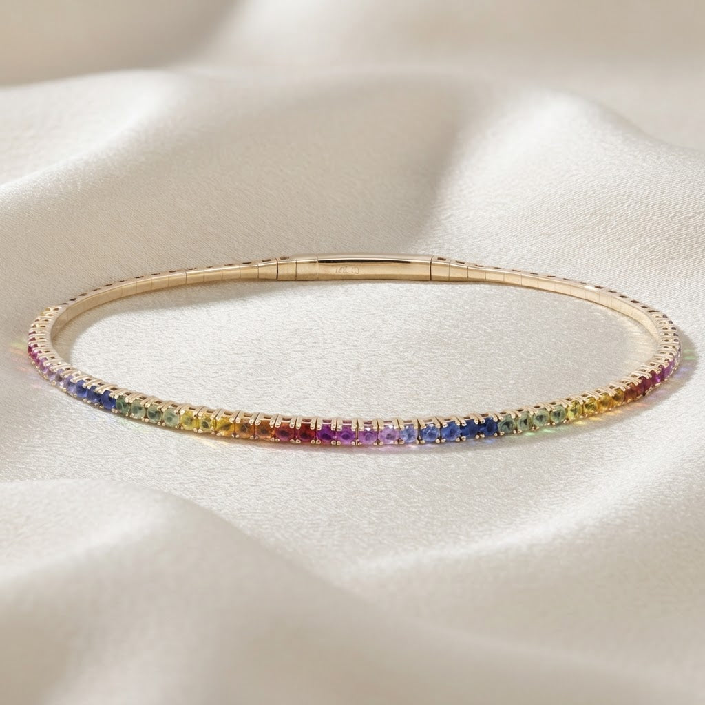 Flexible Multi Colored Sapphire Bangle Bracelet in 14K Yellow Gold – 1.71 CTW Natural Sapphires