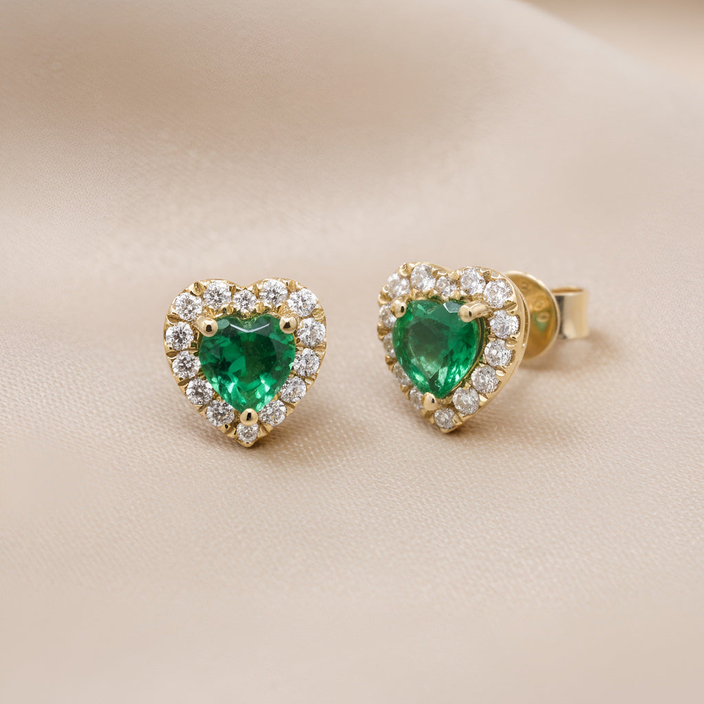 Heart-Shaped Emerald & Diamond Halo Stud Earrings in 18K Yellow Gold – 0.76 CT Emeralds & 0.28 CTW Diamonds