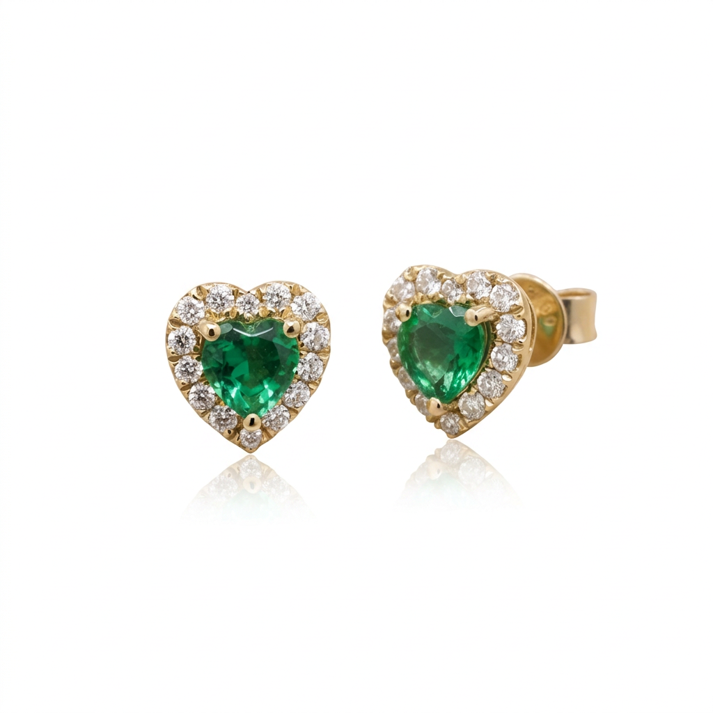 Heart-Shaped Emerald & Diamond Halo Stud Earrings in 18K Yellow Gold – 0.76 CT Emeralds & 0.28 CTW Diamonds