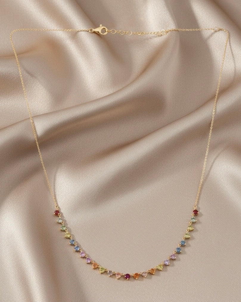 Rainbow Sapphire Station Necklace in 14K Yellow Gold — 3.21 CTW Natural Multi-Color Sapphires