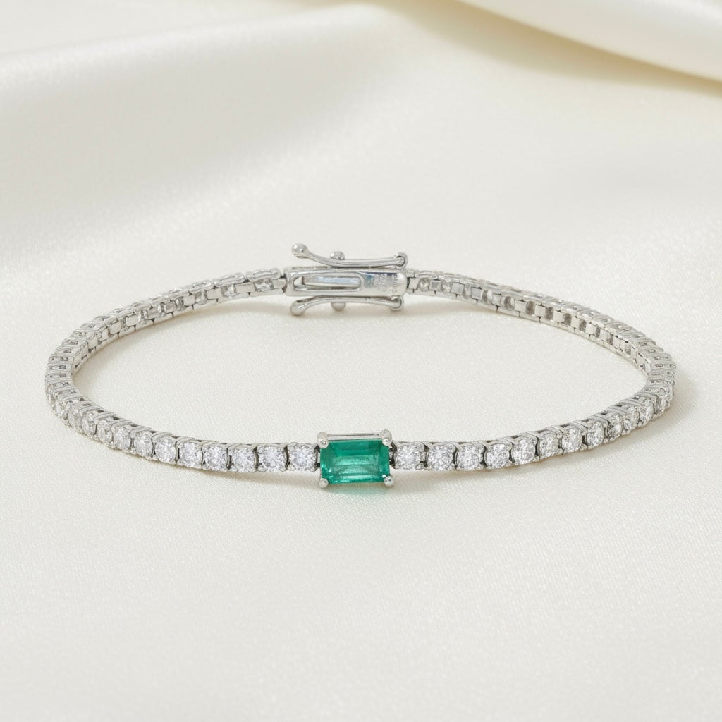 Emerald Diamond Tennis Bracelet in 14k White Gold