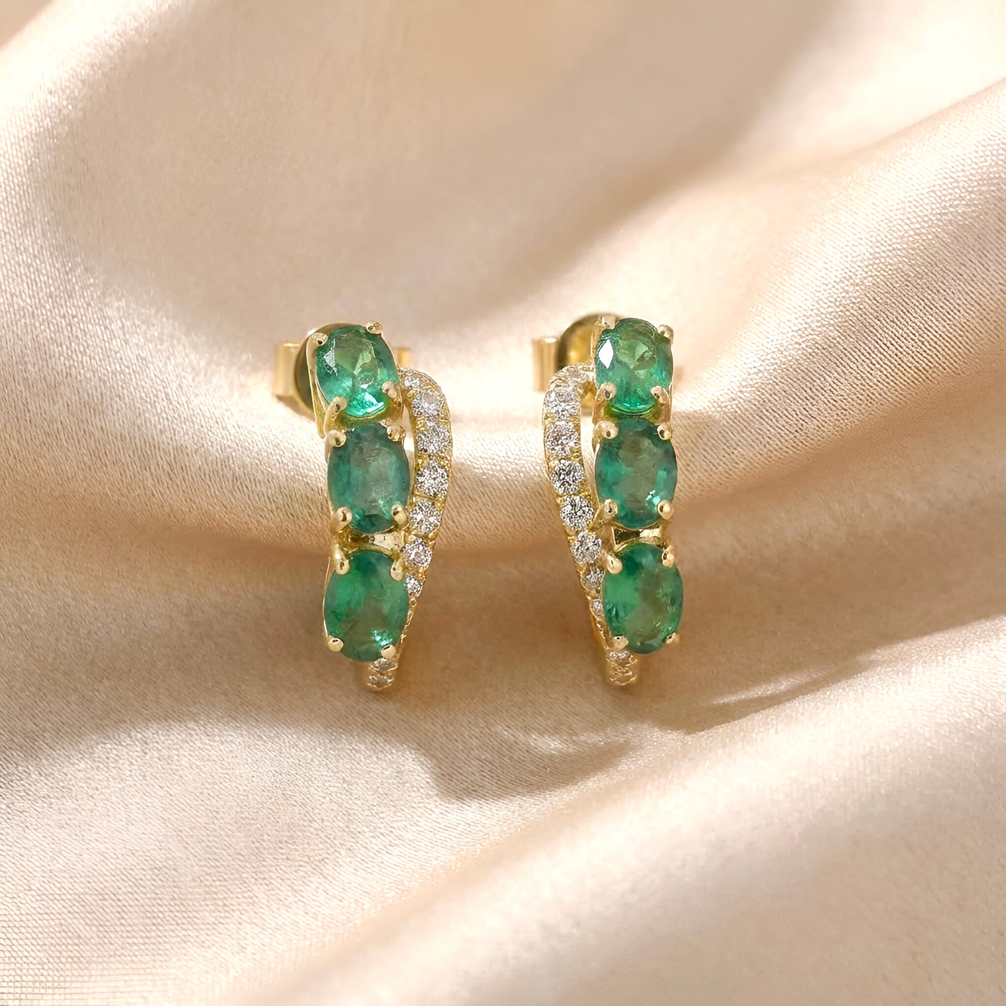 Diamond Emerald Earrings in 14K Yellow Gold