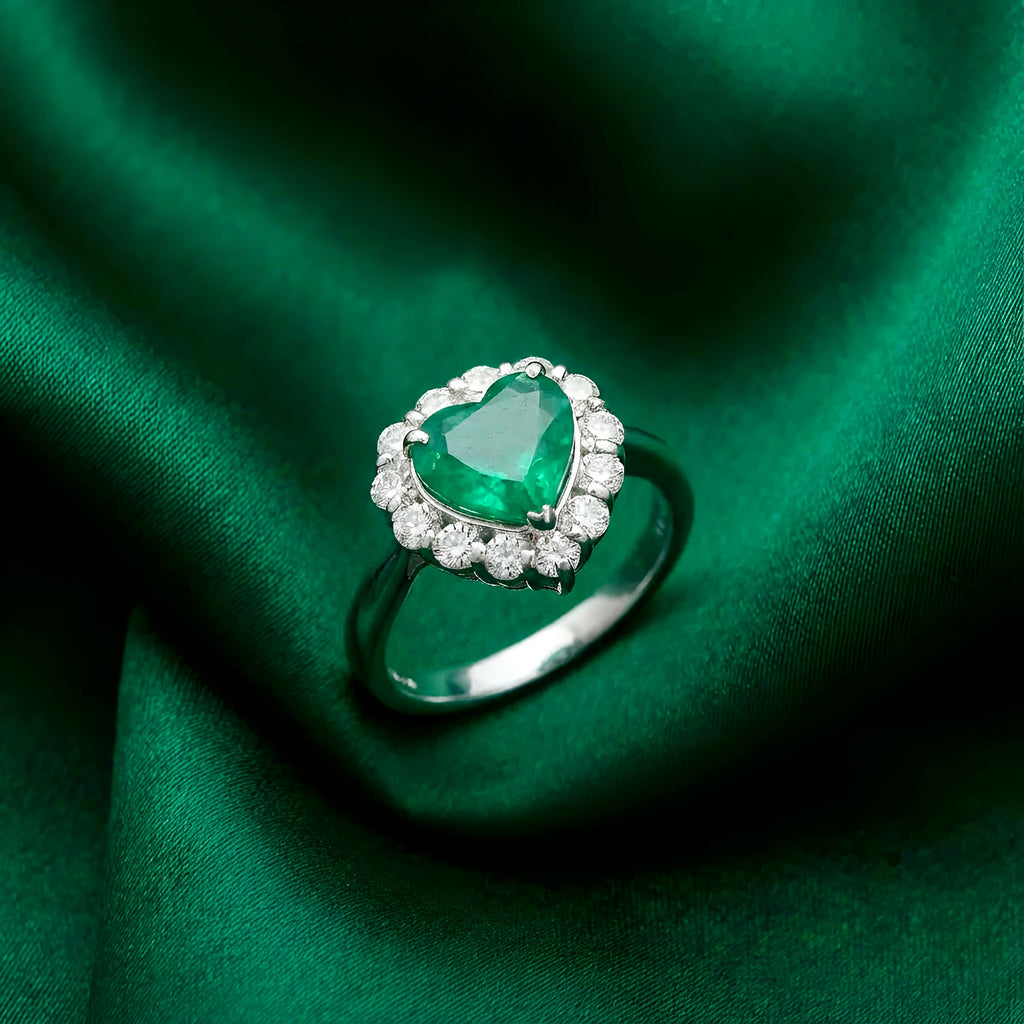 Heart Shape Colombian Emerald Diamond Ring in Platinum