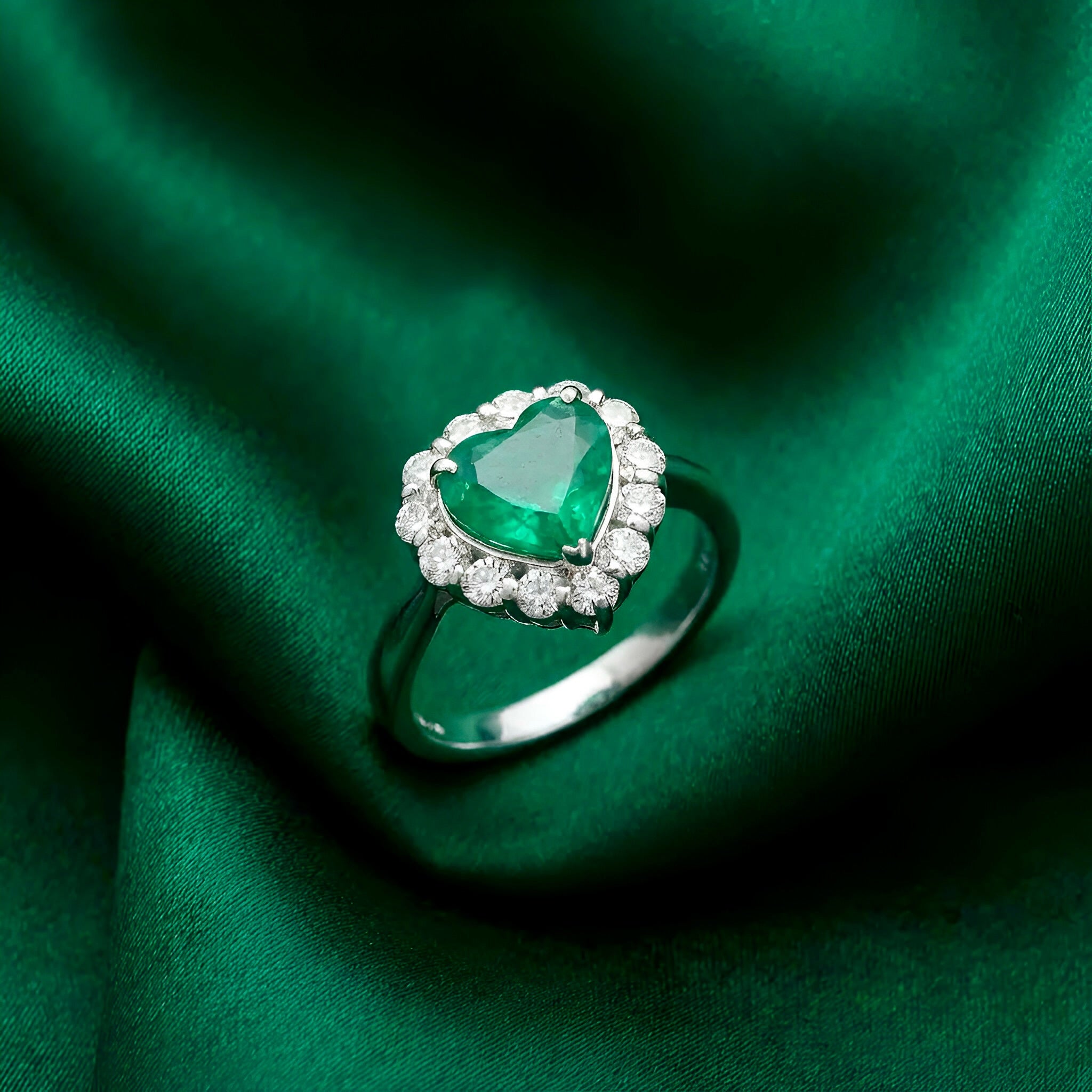 Heart Shape Colombian Emerald Diamond Ring in Platinum