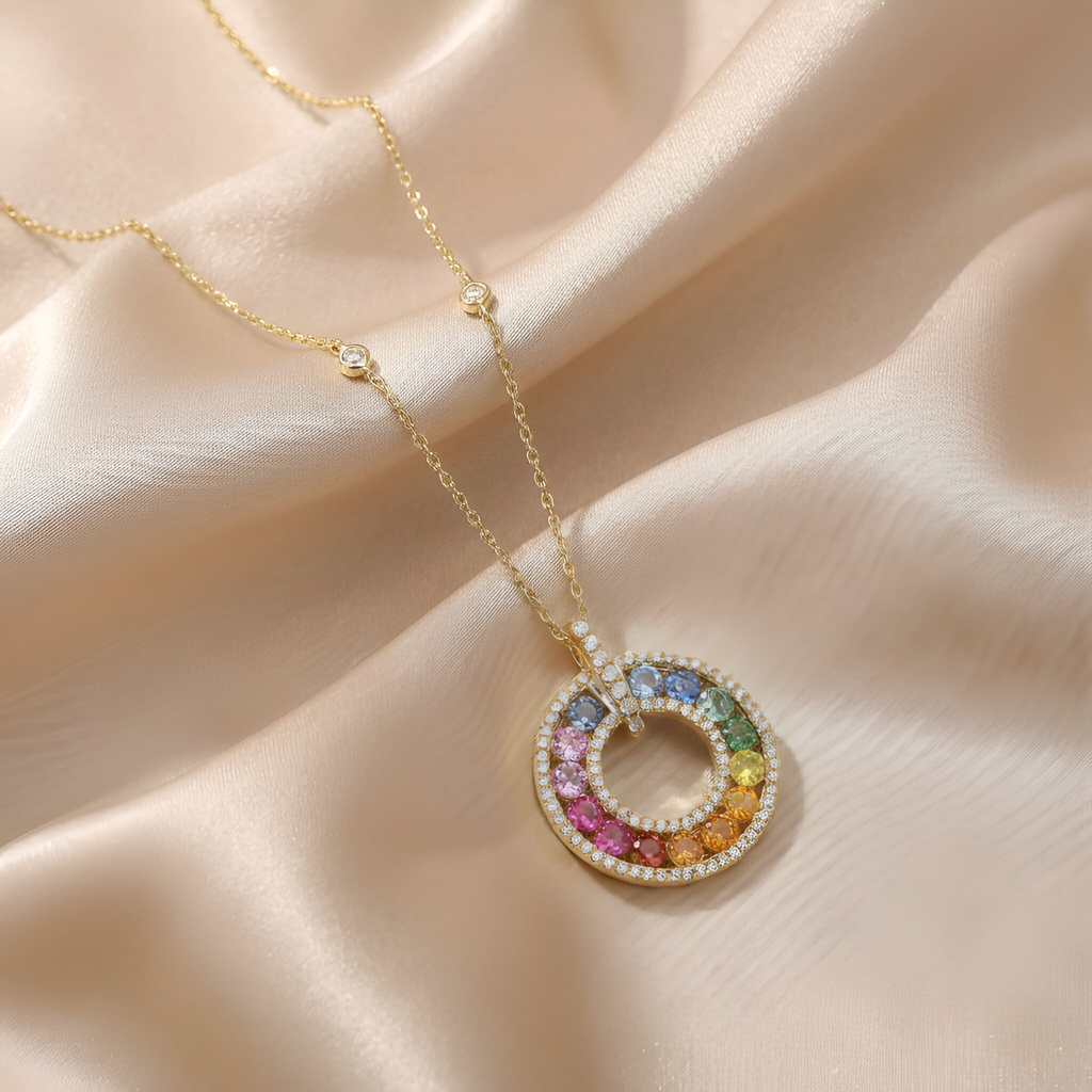 Rainbow Sapphire Diamond Necklace in 14K Yellow Gold