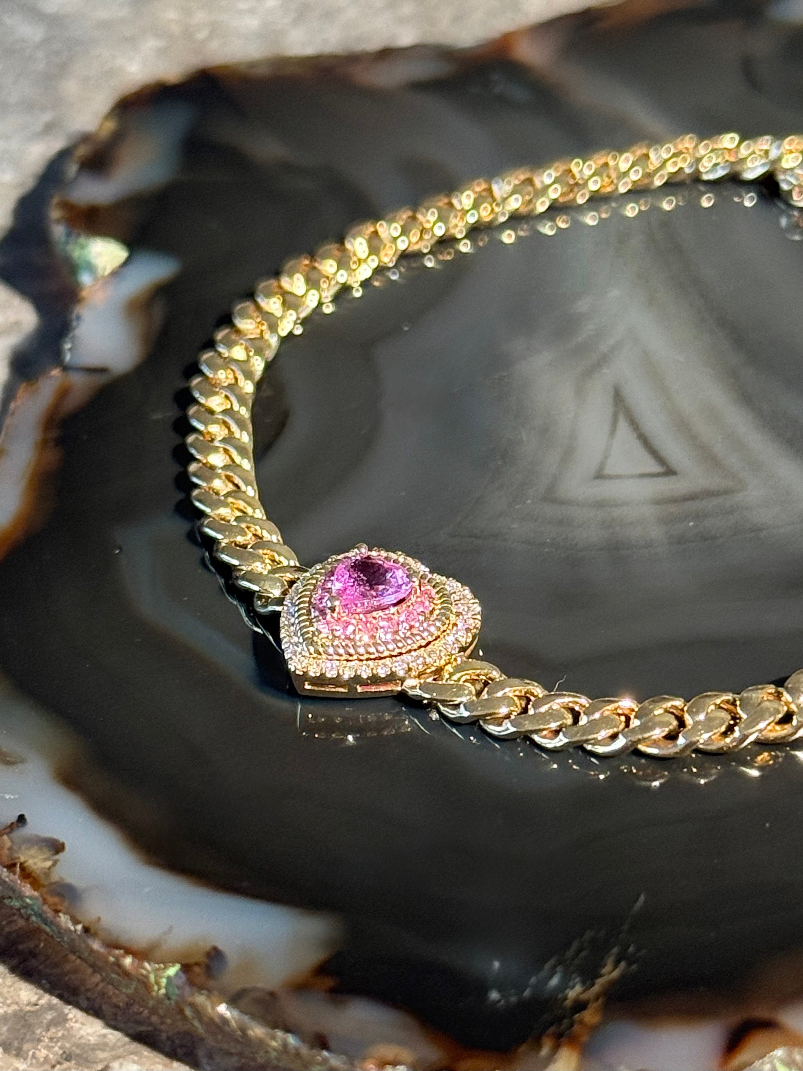 Heart Pink Sapphire & Diamond Bracelet in 14K Yellow Gold – Romantic Fine Jewelry