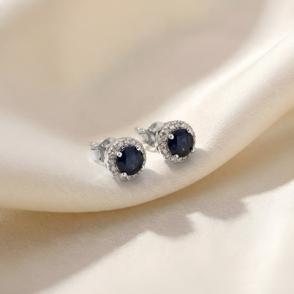 Sapphire Diamond Halo Stud Earrings in 14K White Gold