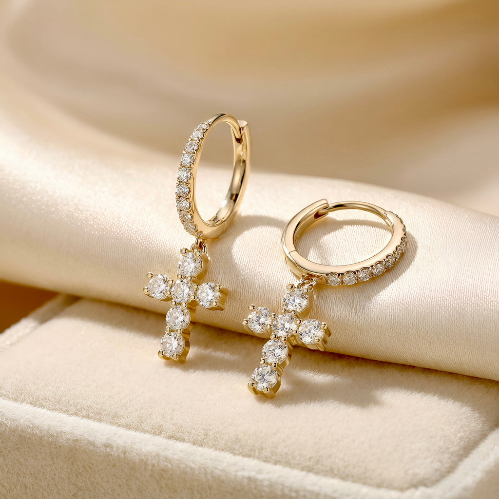 Diamond Cross Earrings in 14K Yellow Gold