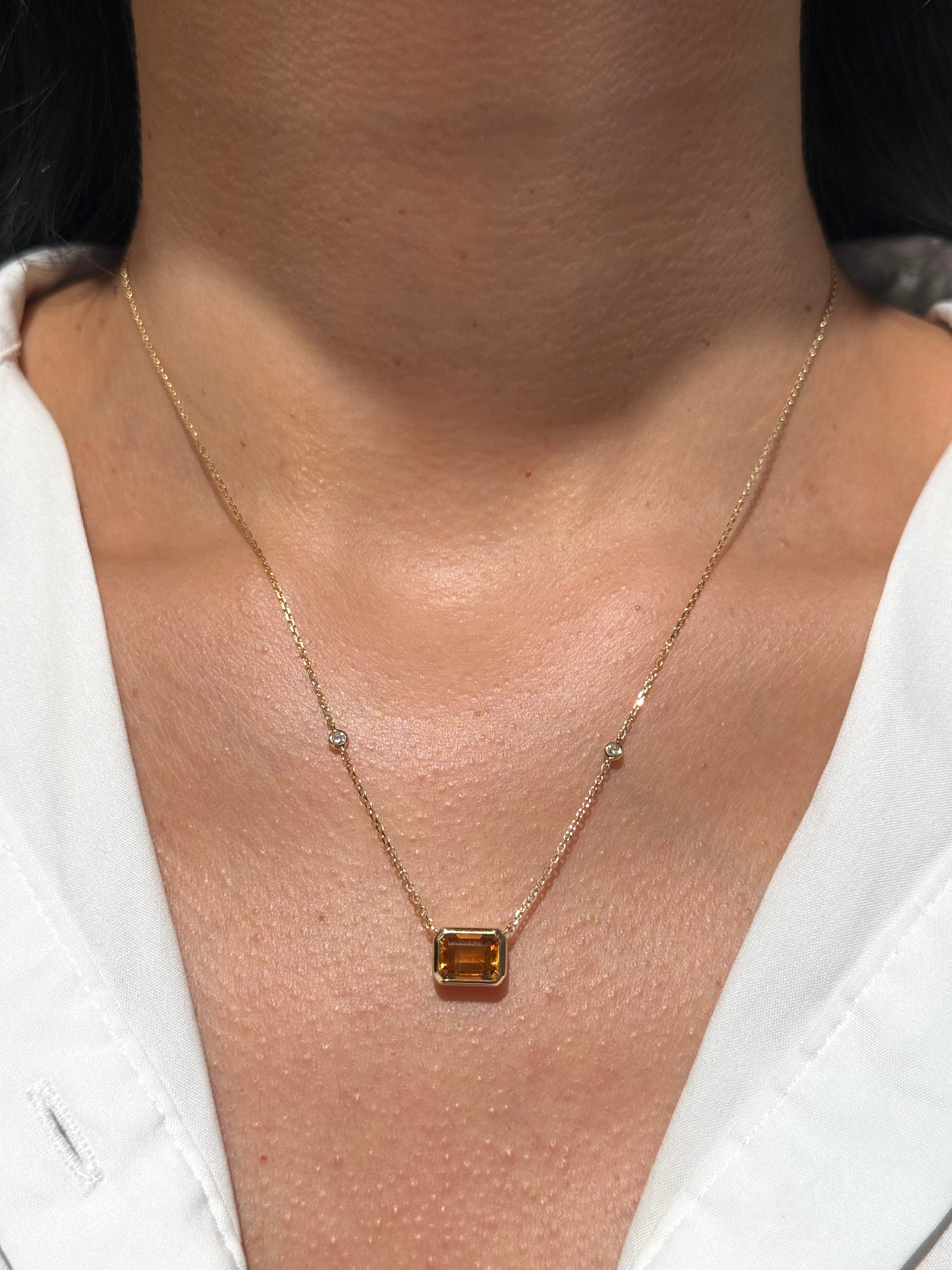 Emerald-Cut Citrine & Diamond Pendant Necklace in 14K Yellow Gold – 1.53 CT Citrine