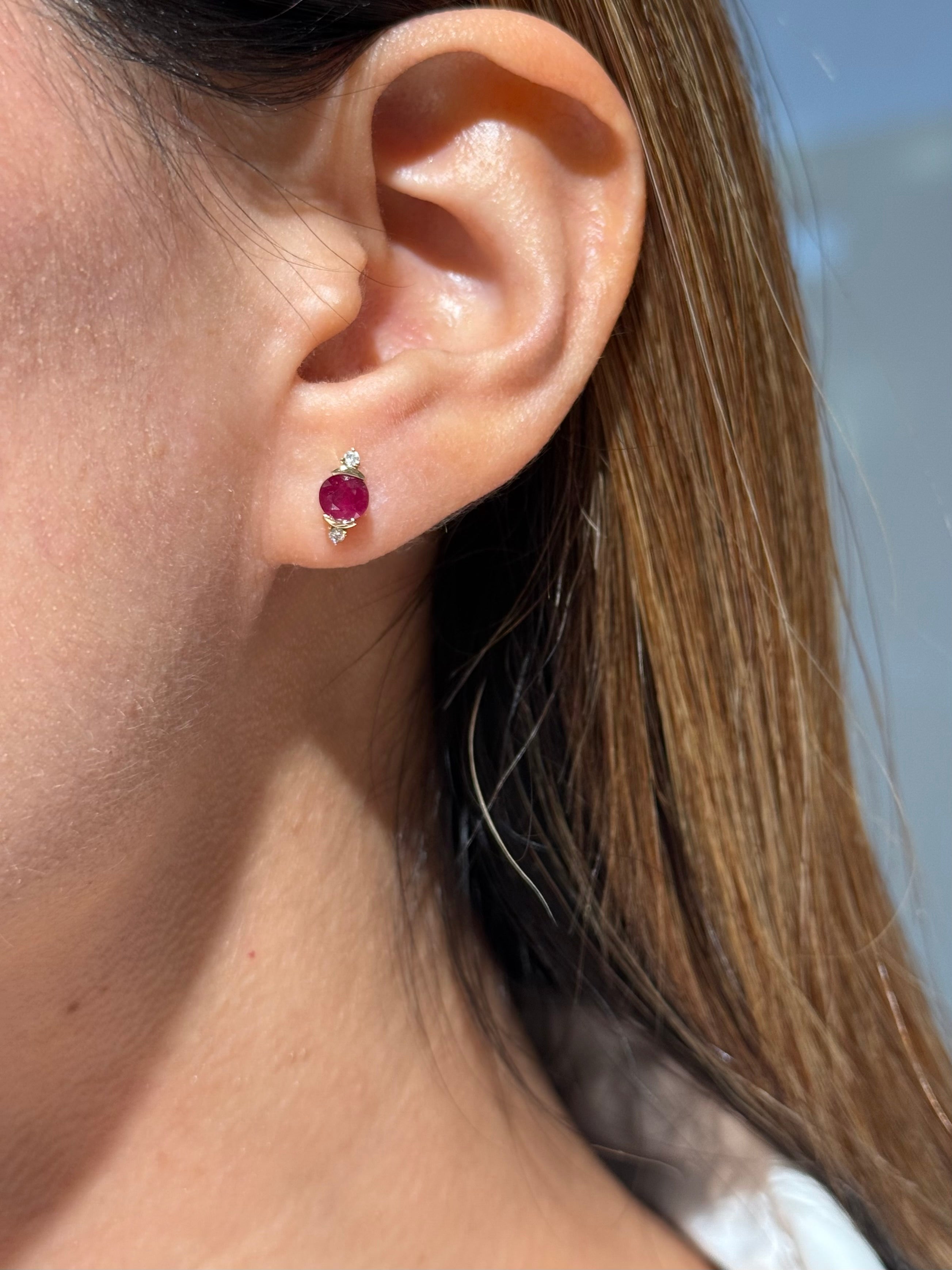Diamond Ruby Studs Earrings in 14k Yellow Gold