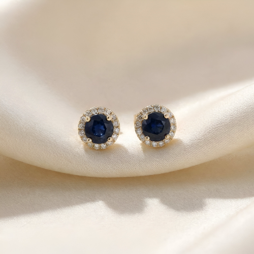 Blue Sapphire & Diamond Halo Stud Earrings in 14K Yellow Gold – 1.10 CT Sapphire