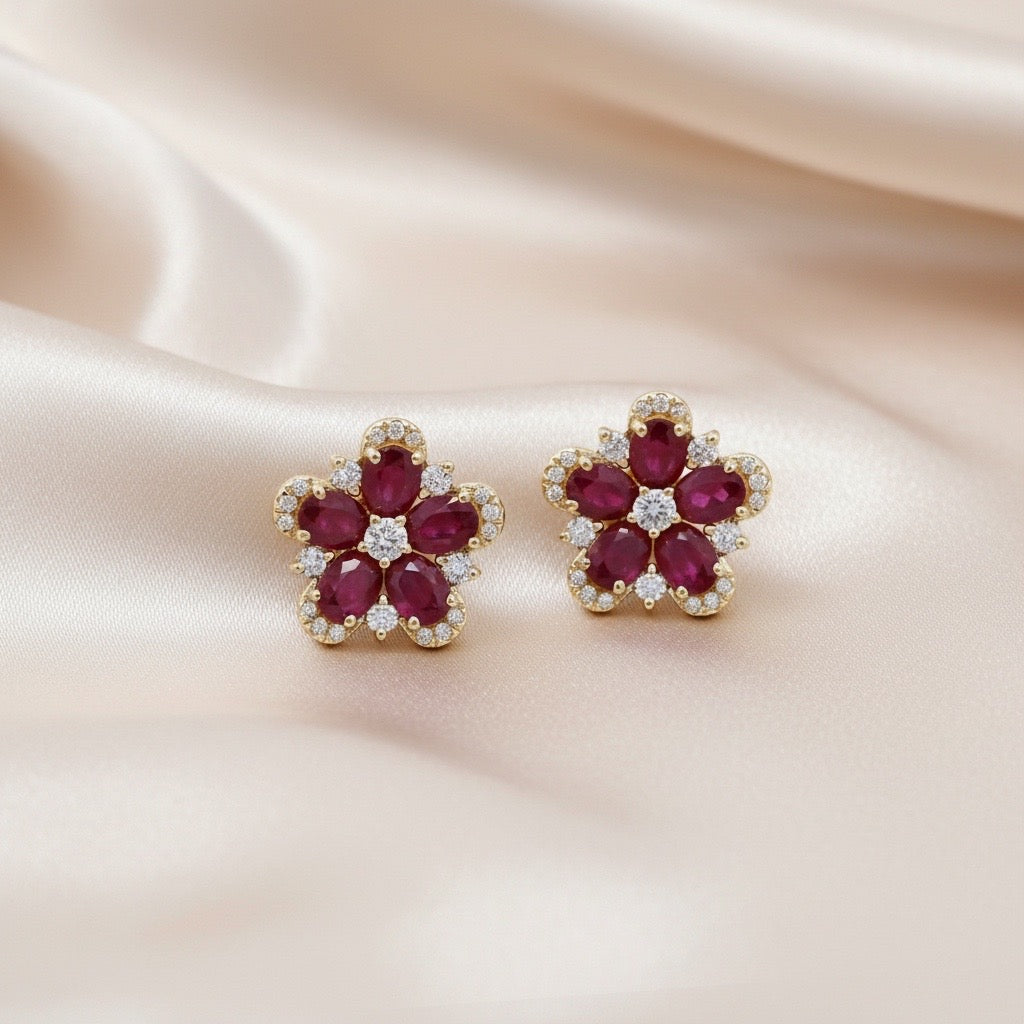 Diamond & Ruby Floral Stud Earrings in 14K Yellow Gold – 2.05 CT Rubies & 0.37 CTW Diamonds