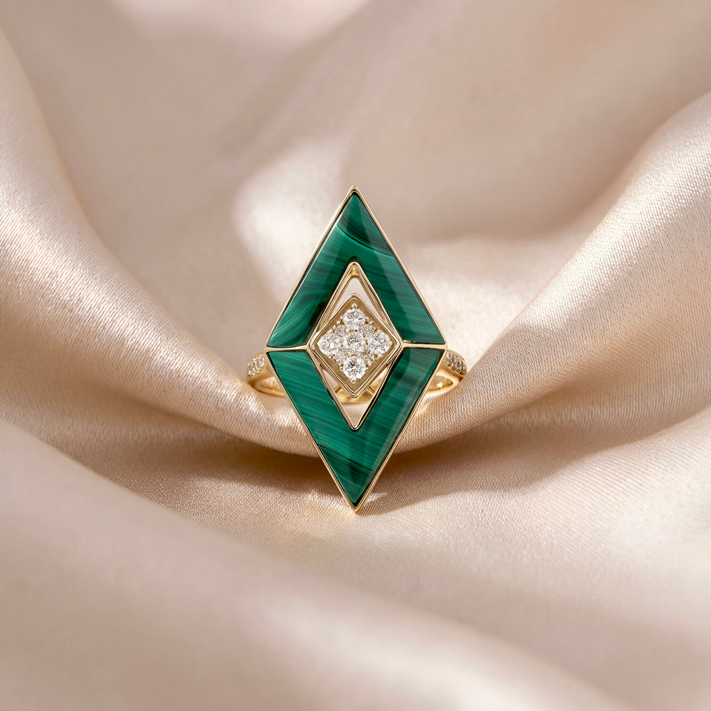 Malachite Diamond Ring in 14K Yellow Gold