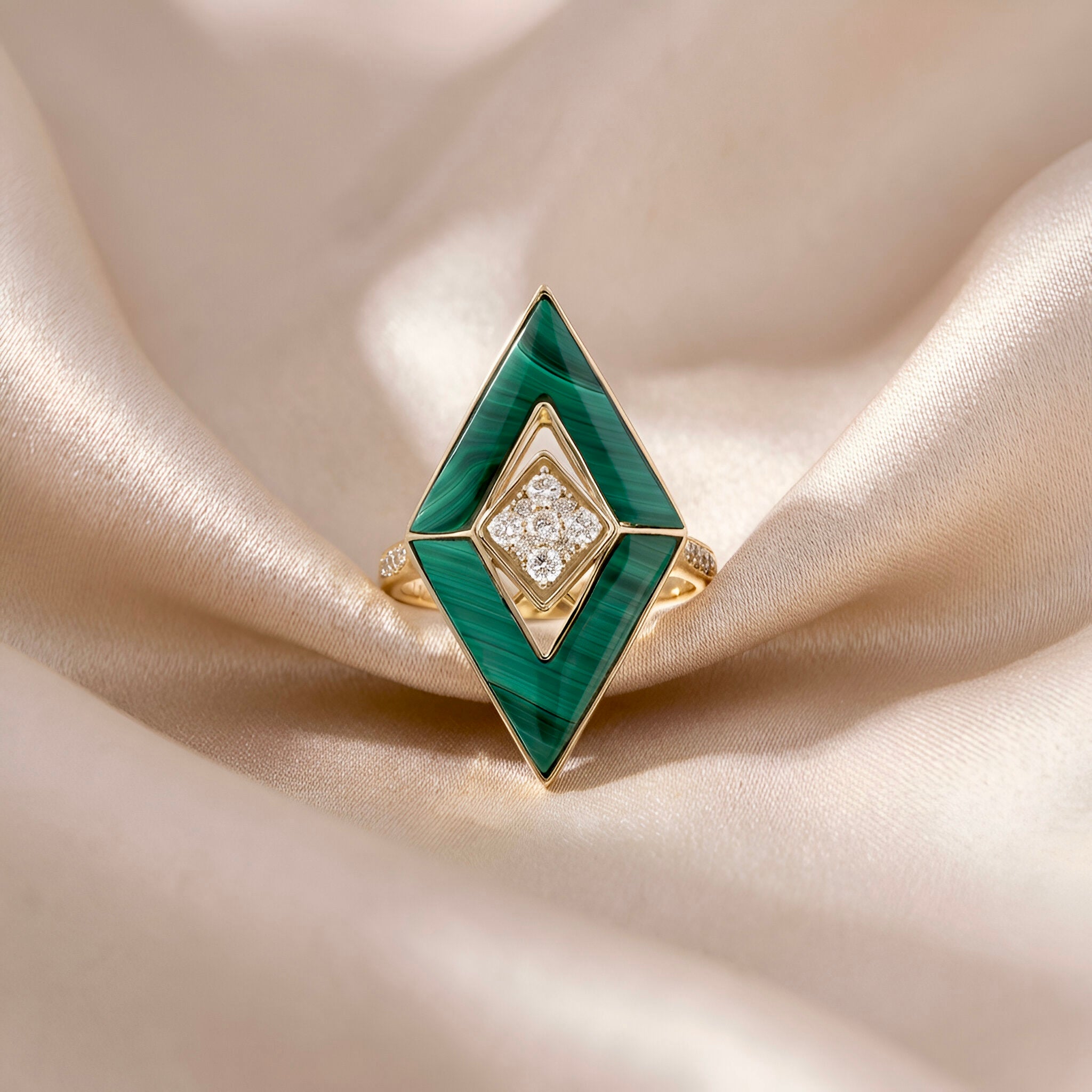 Malachite Diamond Ring in 14K Yellow Gold