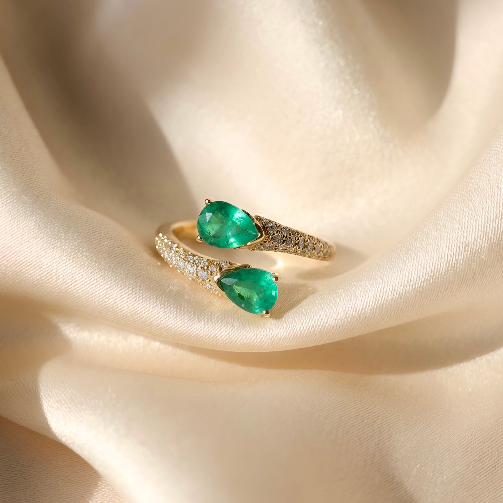 Emerlad Diamond Bypass Ring in 14k Yellow Gold