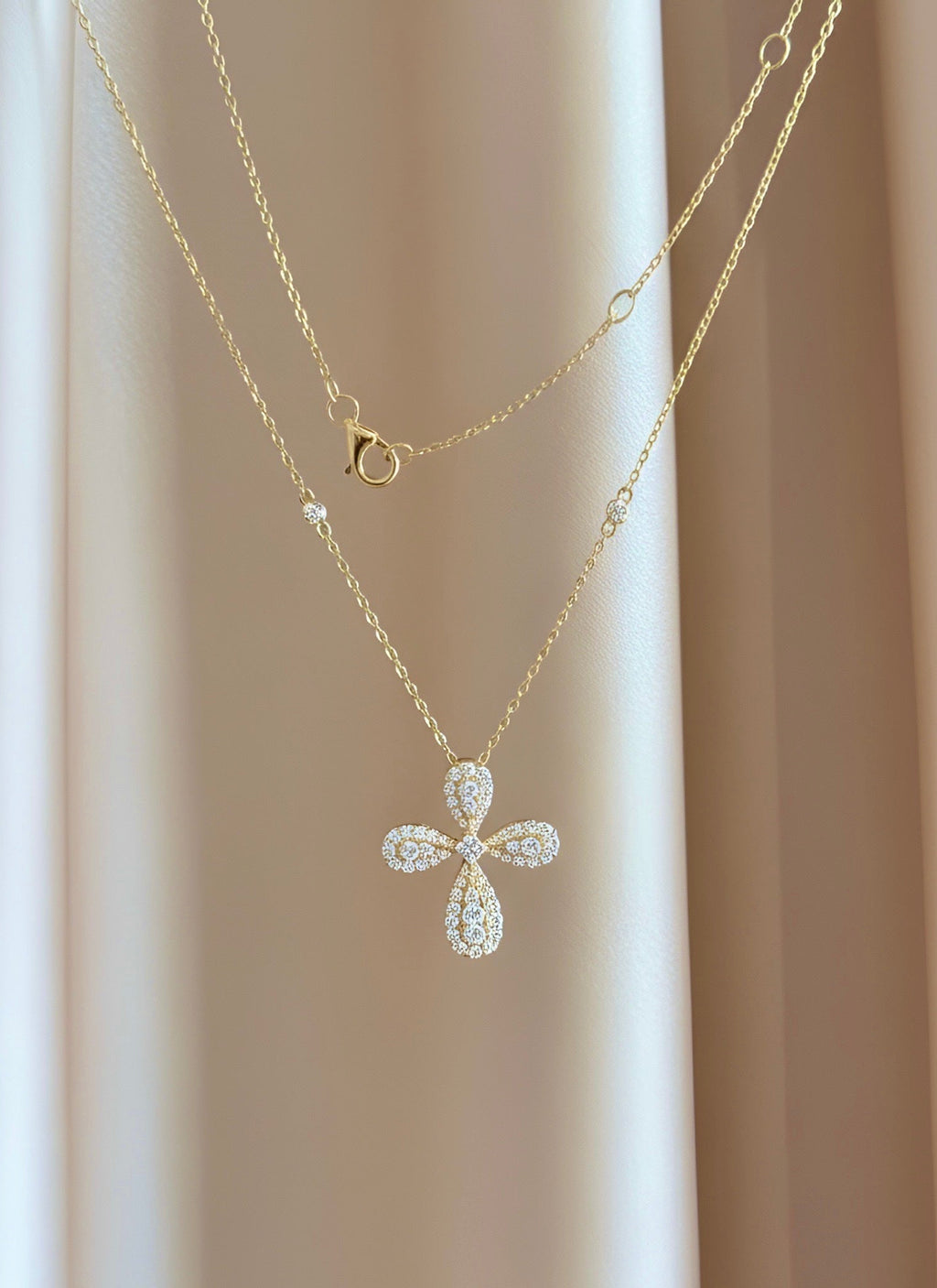 Pavé Diamond Quatrefoil Cross Necklace in 14K Yellow Gold – 0.48 CTW Natural Diamonds