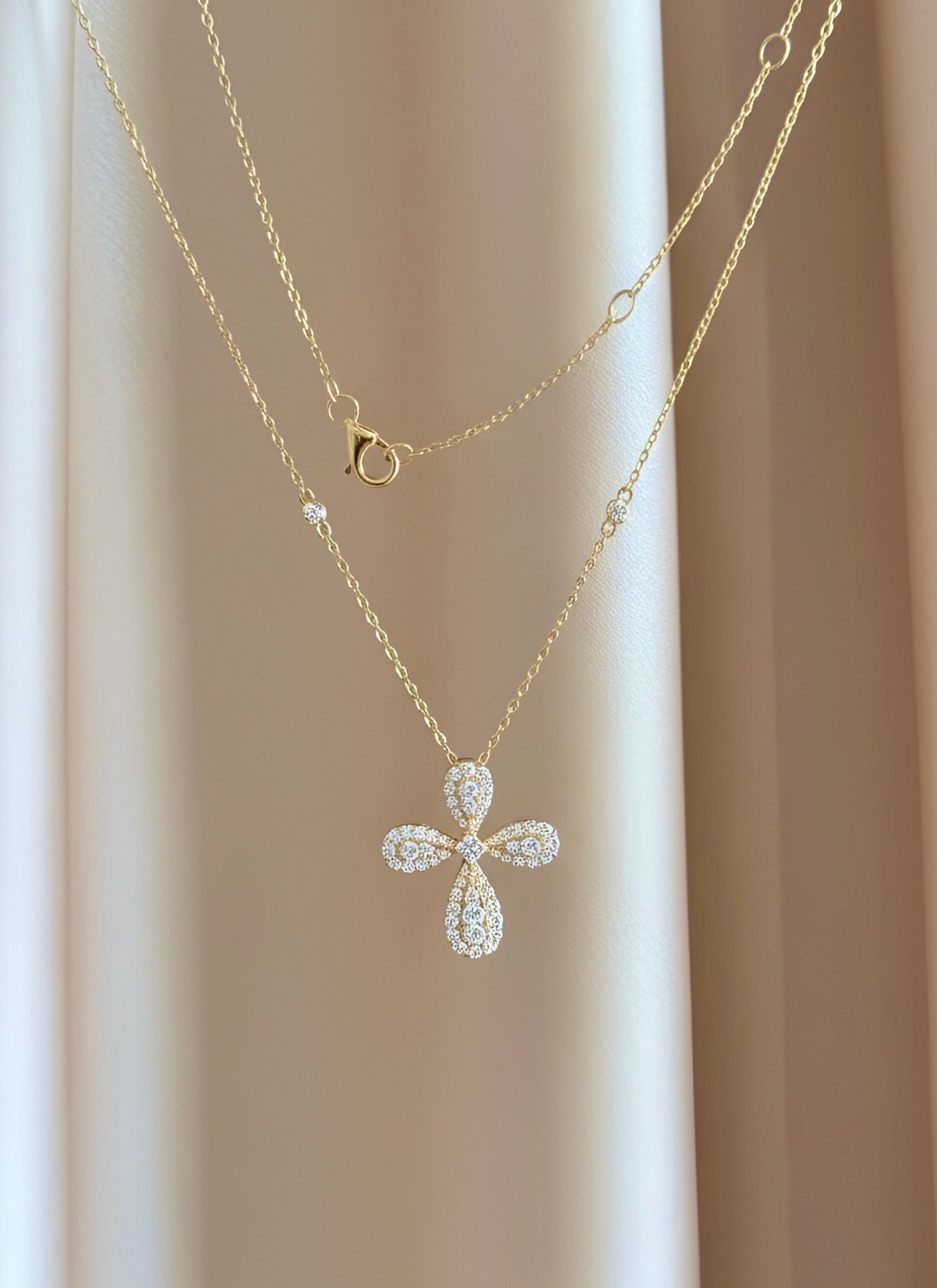 Pavé Diamond Quatrefoil Cross Necklace in 14K Yellow Gold – 0.48 CTW Natural Diamonds