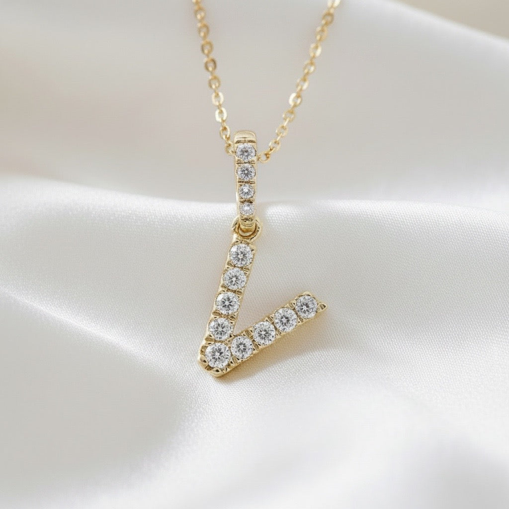 Diamond Initial “V” Necklace in 14K Yellow Gold – 0.11 CTW Natural Diamonds