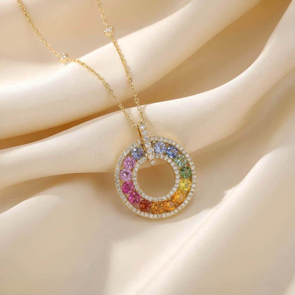 Rainbow Sapphire Diamond Necklace in 14K Yellow Gold
