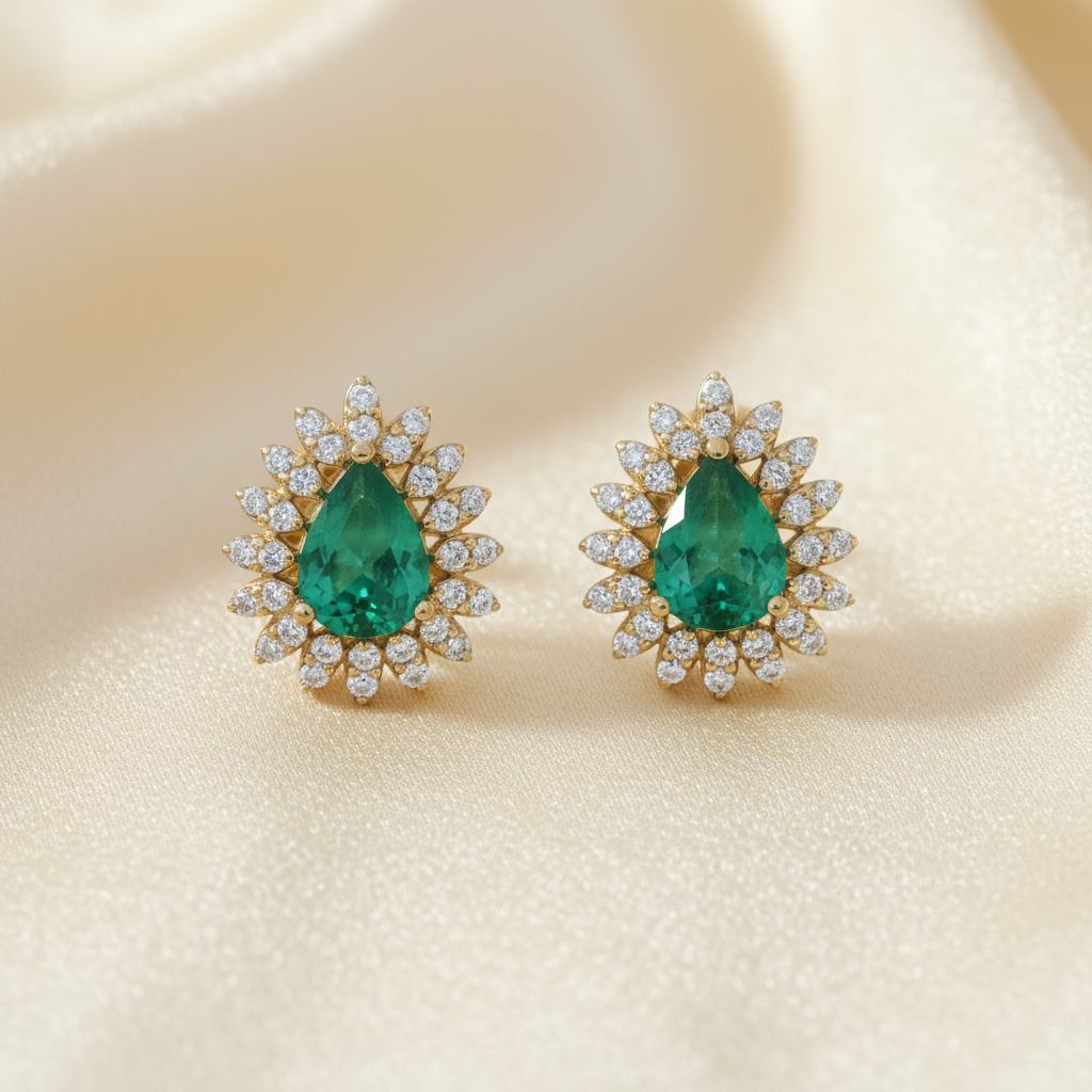 Emerald Diamond Earrings in 18K Yellow Gold