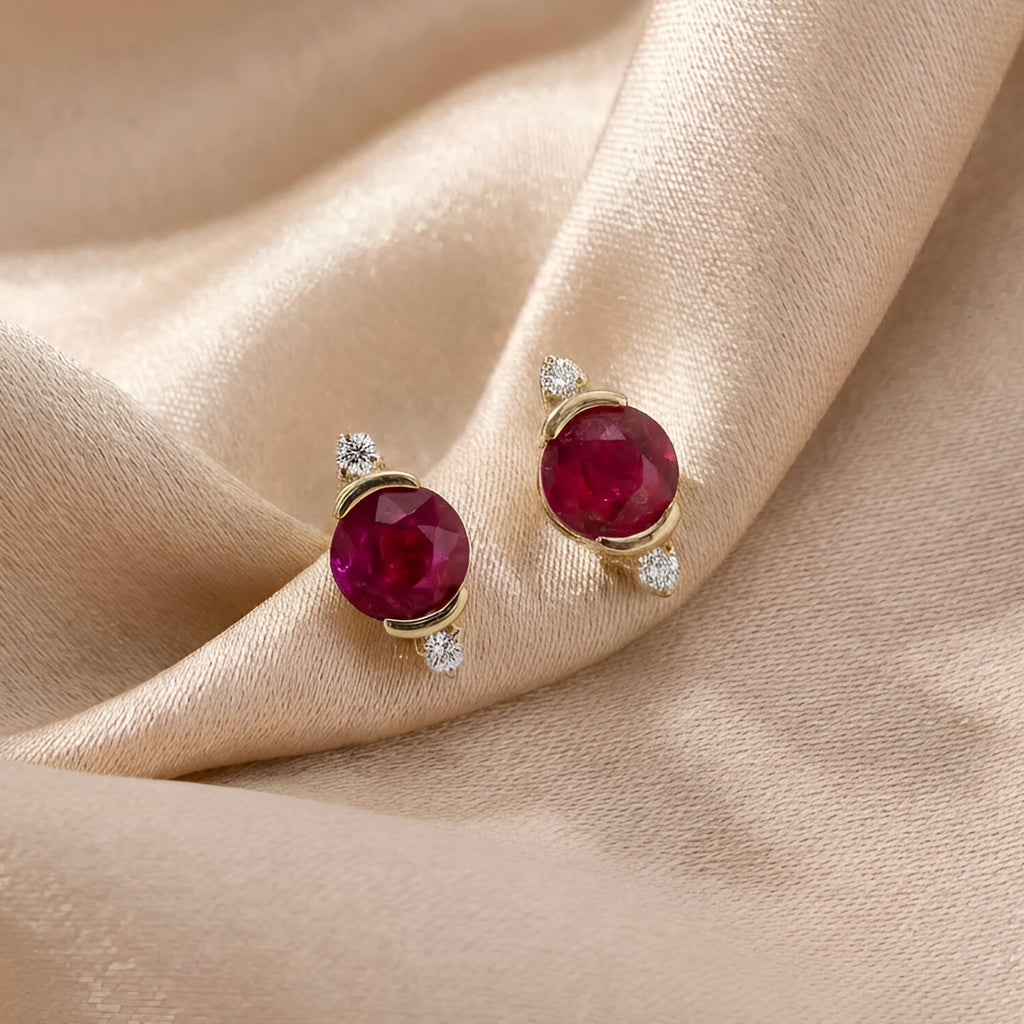 Diamond Ruby Studs Earrings in 14k Yellow Gold