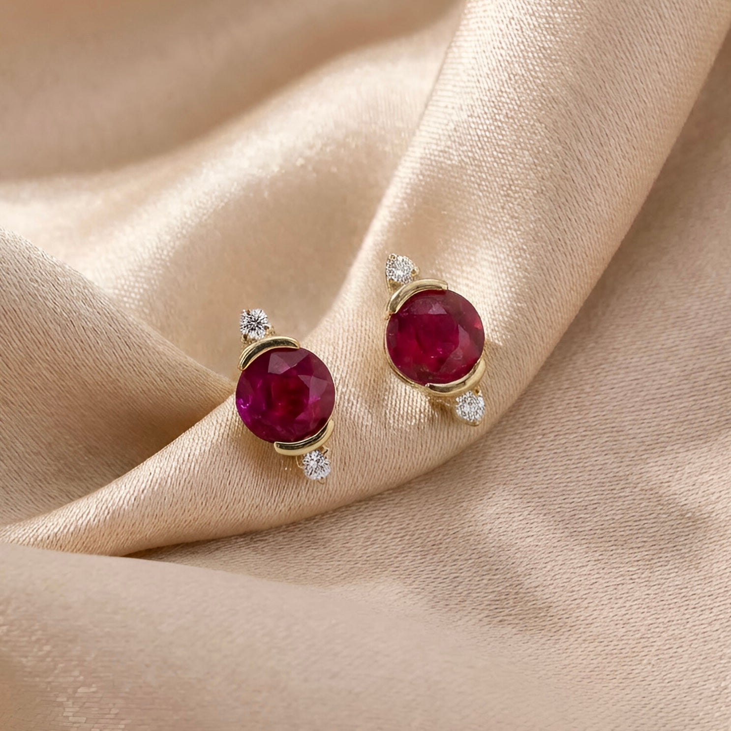 Diamond Ruby Studs Earrings in 14k Yellow Gold