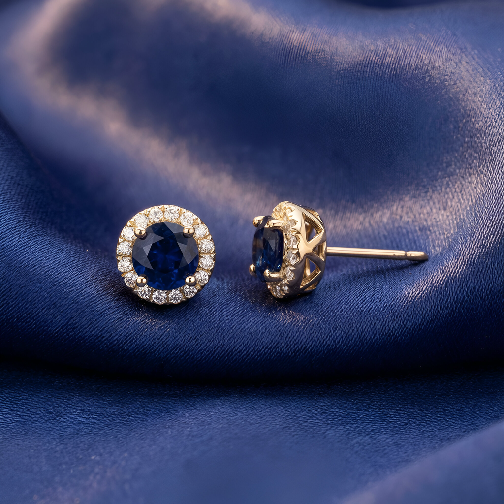 Sapphire Diamond Halo Stud Earrings in 14k Yellow Gold