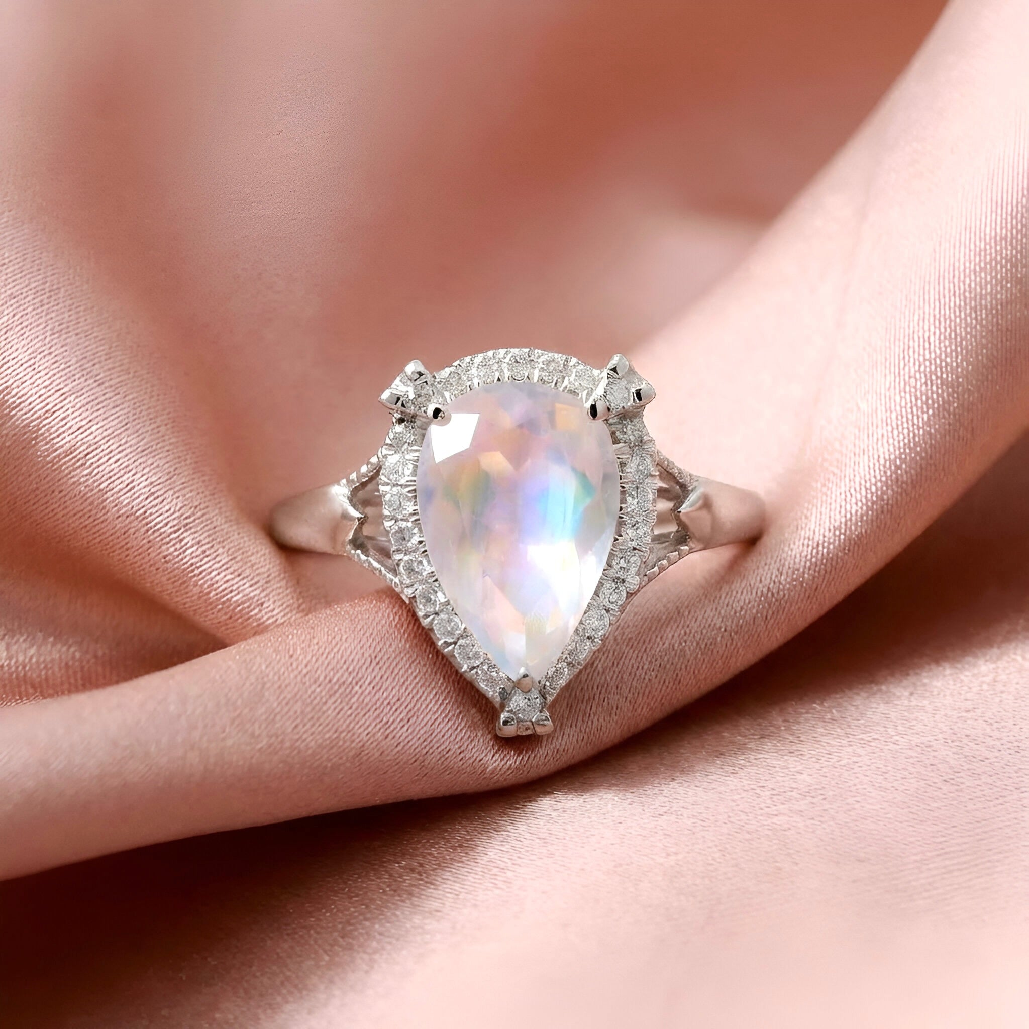 Rainbow Moonstone Diamond Ring in 14K White Gold