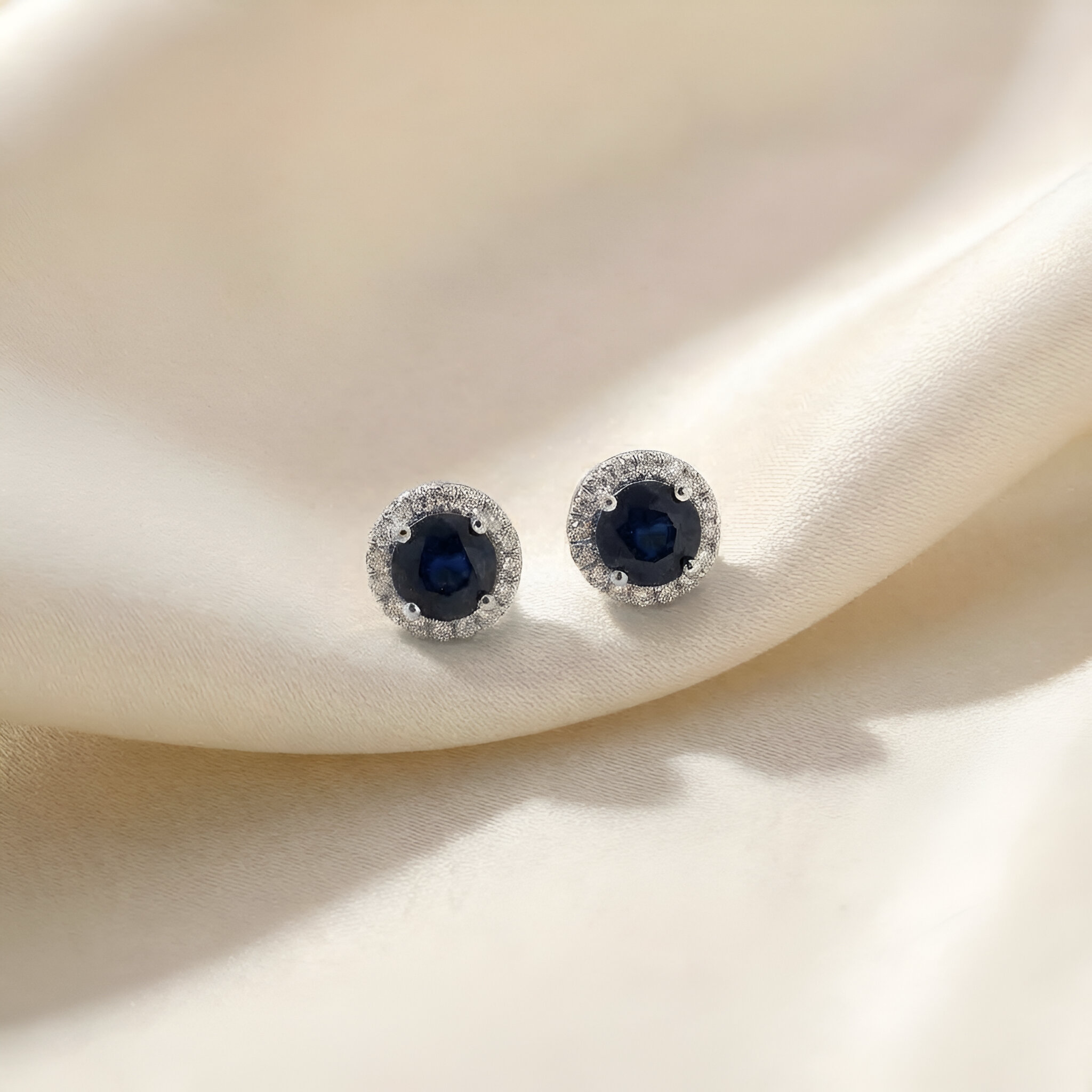 Sapphire Diamond Halo Stud Earrings in 14K White Gold